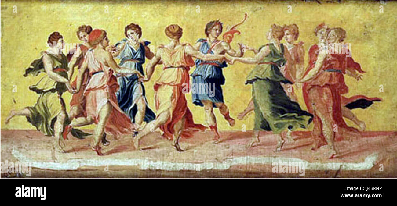 Der „romanische Tanz der Musen“ bezieht sich wahrscheinlich auf eine historische oder künstlerische Darstellung der Musen, Göttinnen in der griechischen Mythologie, die mit den Künsten verbunden sind, in Tanzform. Dieses Stück spiegelt künstlerische Interpretationen der griechischen Mythologie wider. Stockfoto