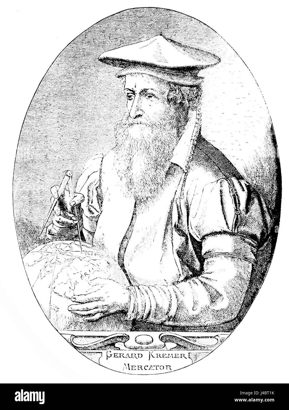 Diese Illustration aus PSM V16 D520 zeigt die Werke von Gerard Kremer (Gerardus Mercator), einem renommierten Kartographen. Er hebt seine bedeutenden Beiträge zur Kartografie und zur Entwicklung der kartographischen Wissenschaft hervor. Stockfoto