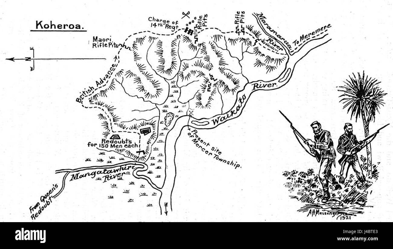 Der Plan of the Battlefield of Koheroa veranschaulicht den Ort eines bedeutenden militärischen Engagements in der neuseeländischen Geschichte. Es gibt Einblicke in das geografische Layout und die taktischen Positionen während der Schlacht. Stockfoto