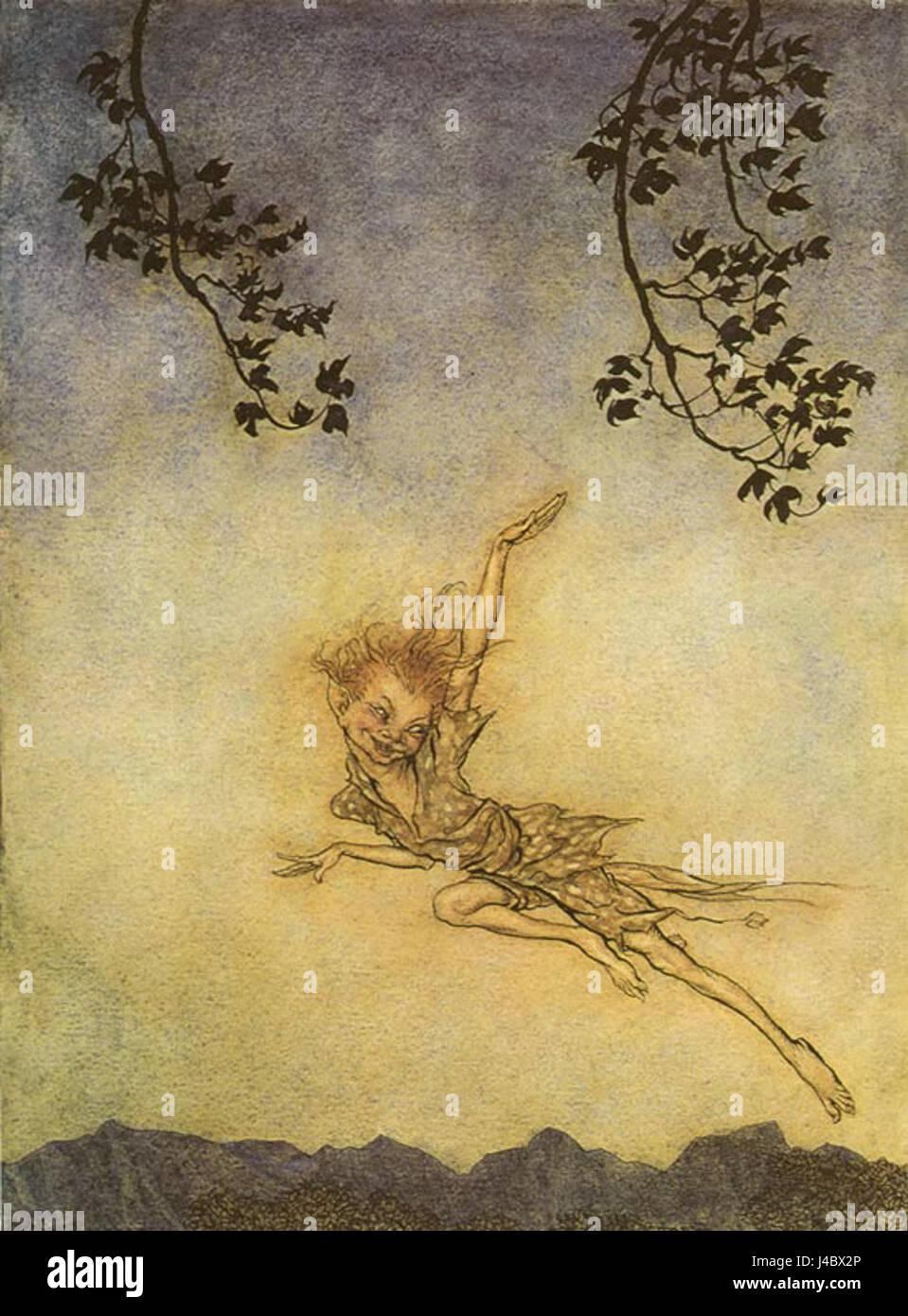 Puck, eine Figur aus Shakespeares „Ein Sommernachtstraum Nightâ“, illustriert von Arthur Rackham, repräsentiert den schelmischen Sprite aus der englischen Folklore. Rackhamâ Illustration fängt die skurrile und fantastische Natur des Charakters ein. Stockfoto