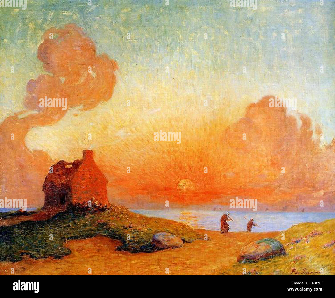 „Sunset by the Sea“ von Ferdinand du Puigaudeau fängt eine ruhige Szene der bretonischen Küste bei Sonnenuntergang ein. Das Gemälde betont wahrscheinlich die wechselnden Farben des Himmels und des Meeres, wobei Puigaudeauâ charakteristische Pinselstriche und die Verwendung von Licht eine stimmungsvolle Atmosphäre schaffen, die typisch für den französischen Impressionismus ist. Stockfoto