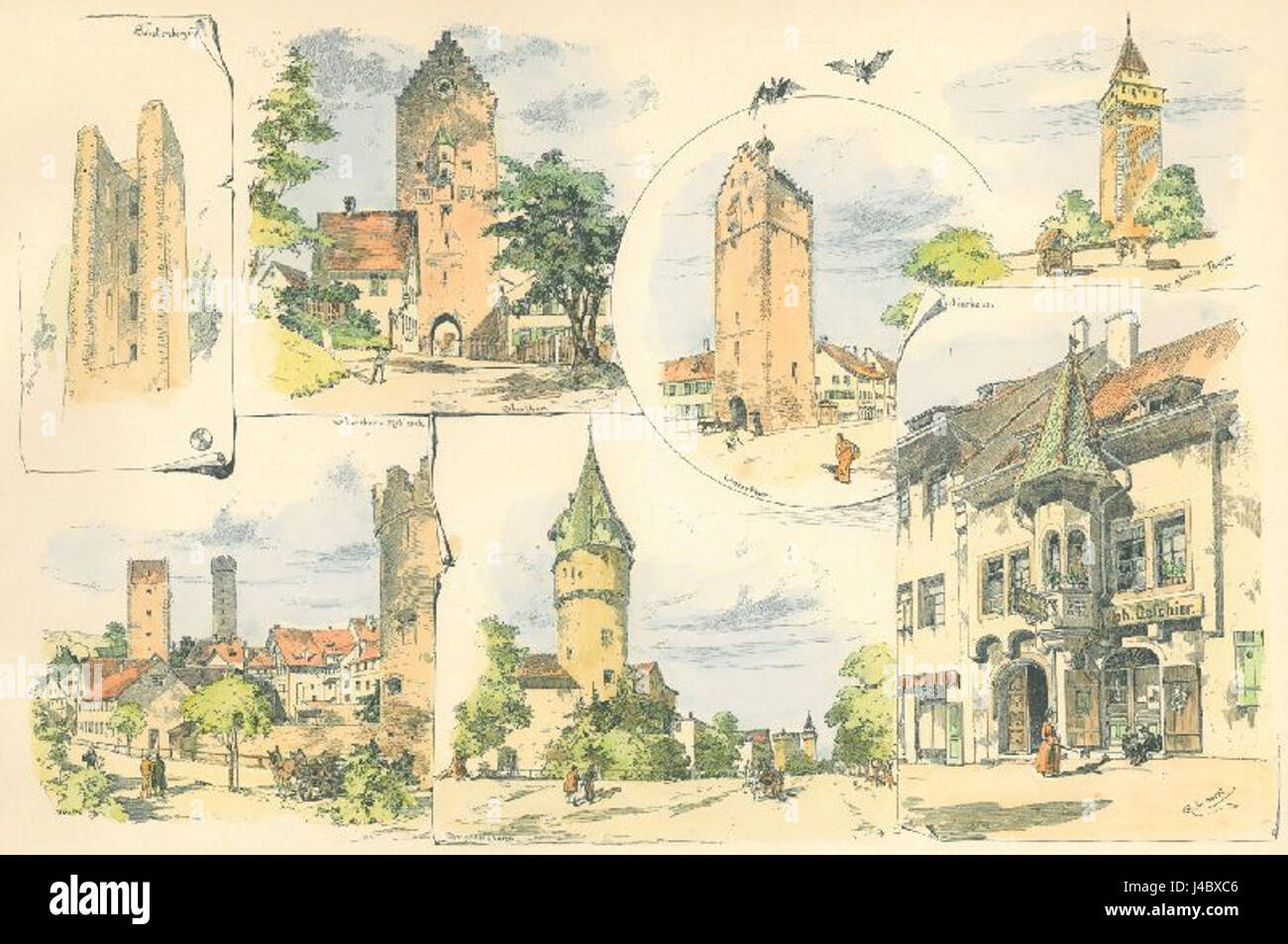 Ravensburg Holzstich, 1890 von Neff geschaffen, zeigt einen detaillierten Gravur der Stadt Ravensburg. Das Bild hebt die Architektur der Stadt und die umgebende Landschaft während dieser Zeit hervor. Stockfoto