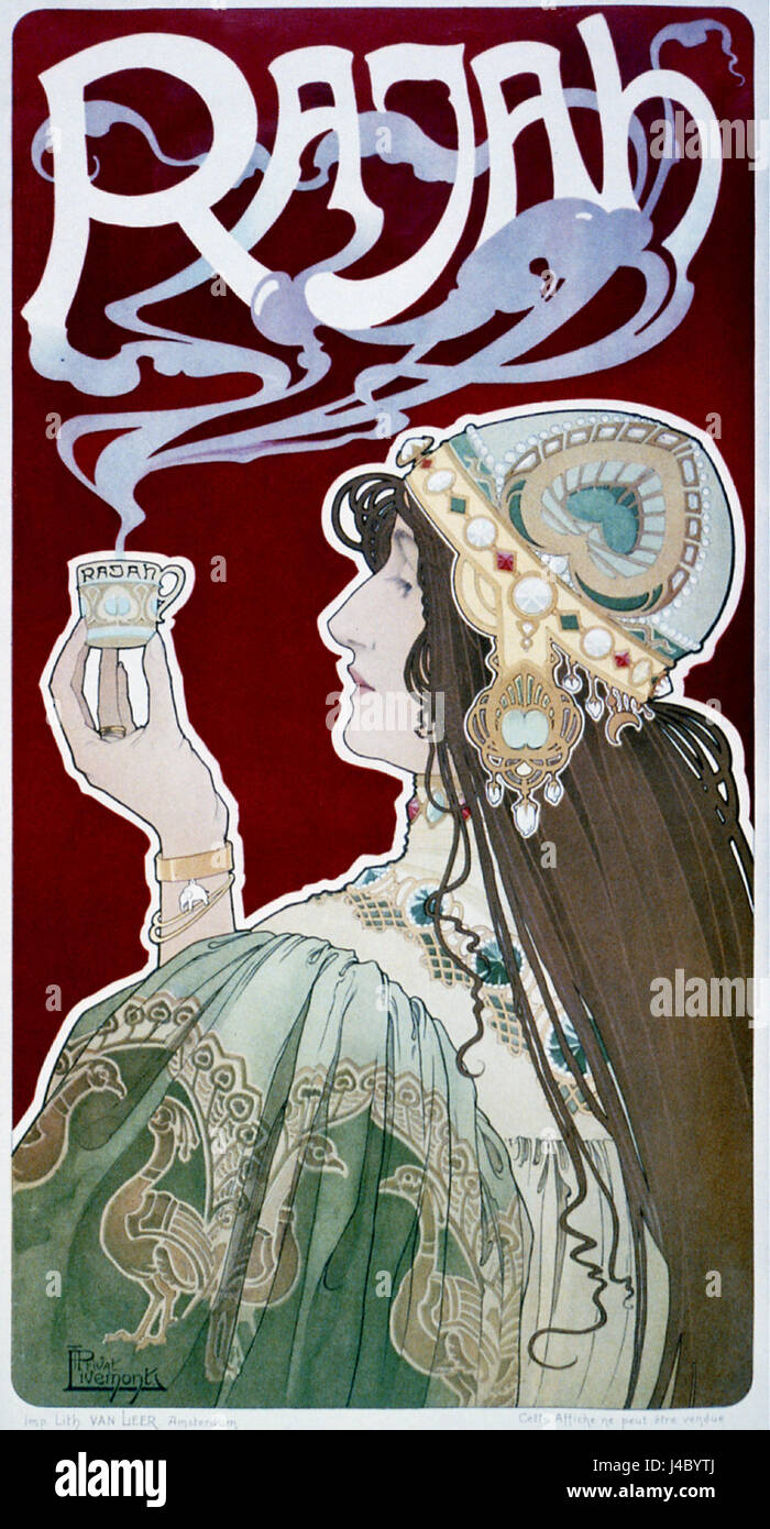 „Rajah“ von Henri Privat Livemont ist ein markantes Poster aus dem Jahr 1898, das den Jugendstil zeigt. Das Bild zeigt eine königliche Figur in komplizierten Details, die die Ästhetik des späten 19. Jahrhunderts veranschaulicht. Stockfoto