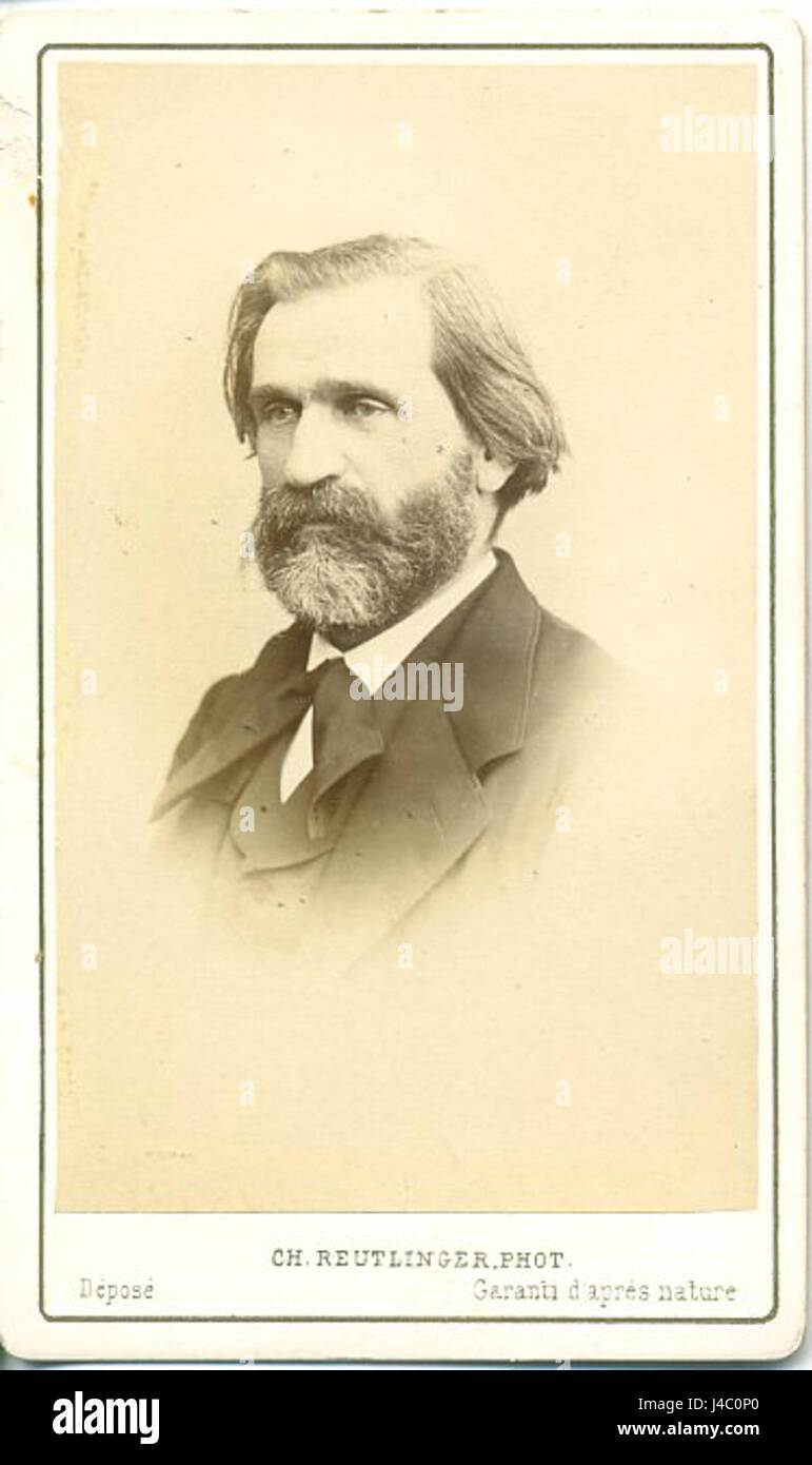 Charles Reutlinger, ein Künstler, der für seine Porträts aus dem 19. Jahrhundert bekannt ist, schuf Bilder prominenter Persönlichkeiten, darunter Giuseppe Verdi, den bekannten italienischen Komponisten, dessen Werke Opern wie „La Traviata“ und „Aida“ umfassen. Stockfoto
