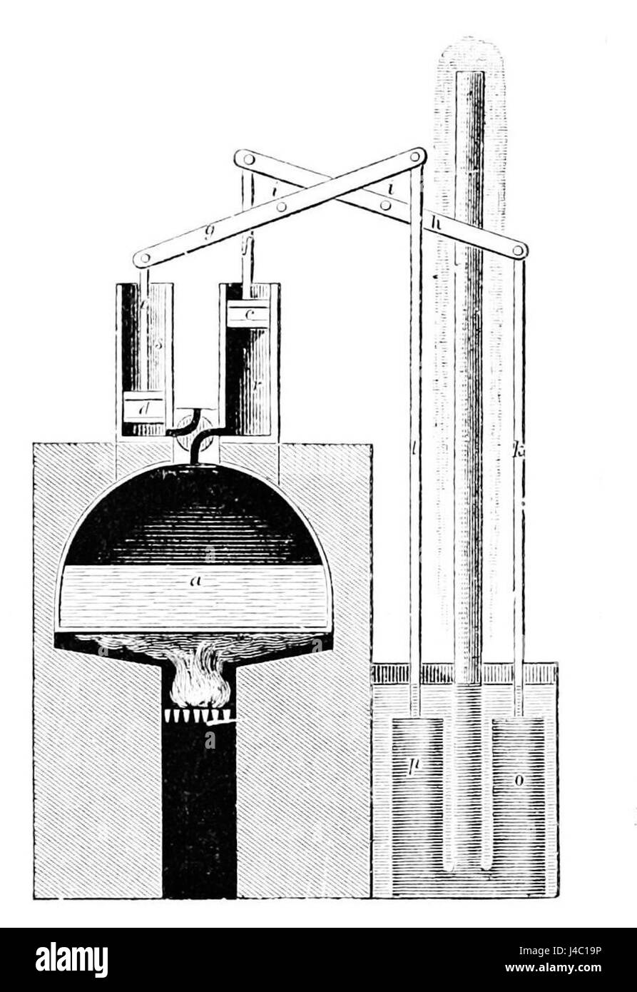 Ein Bild der Leupold Papin-Maschine, eine frühe Dampfmaschine aus dem Jahr 1720, erstellt von dem Erfinder Denis Papin. Dieser Motor trug zur Entwicklung der Dampfleistung während der industriellen Revolution bei. Stockfoto