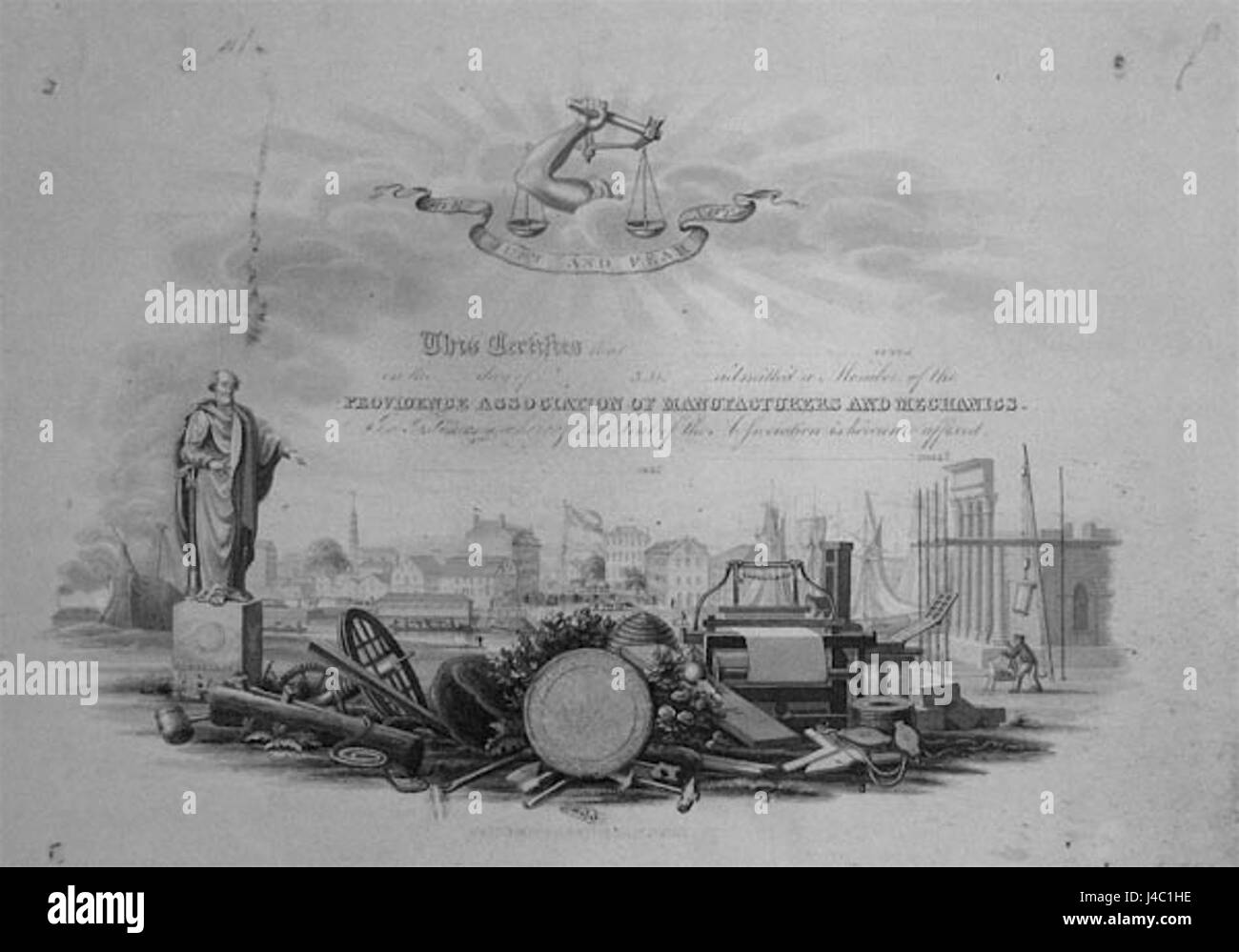 Dieses Stück aus dem 19. Jahrhundert von Penniman mit dem Titel „ProvidenceAssoc Manufacturers Mechanics“ veranschaulicht den industriellen Fortschritt in der mechanischen Fertigung in den Vereinigten Staaten. Sie spiegelt die wachsende Rolle der Mechaniker bei der Entwicklung der Industrie wider. Stockfoto