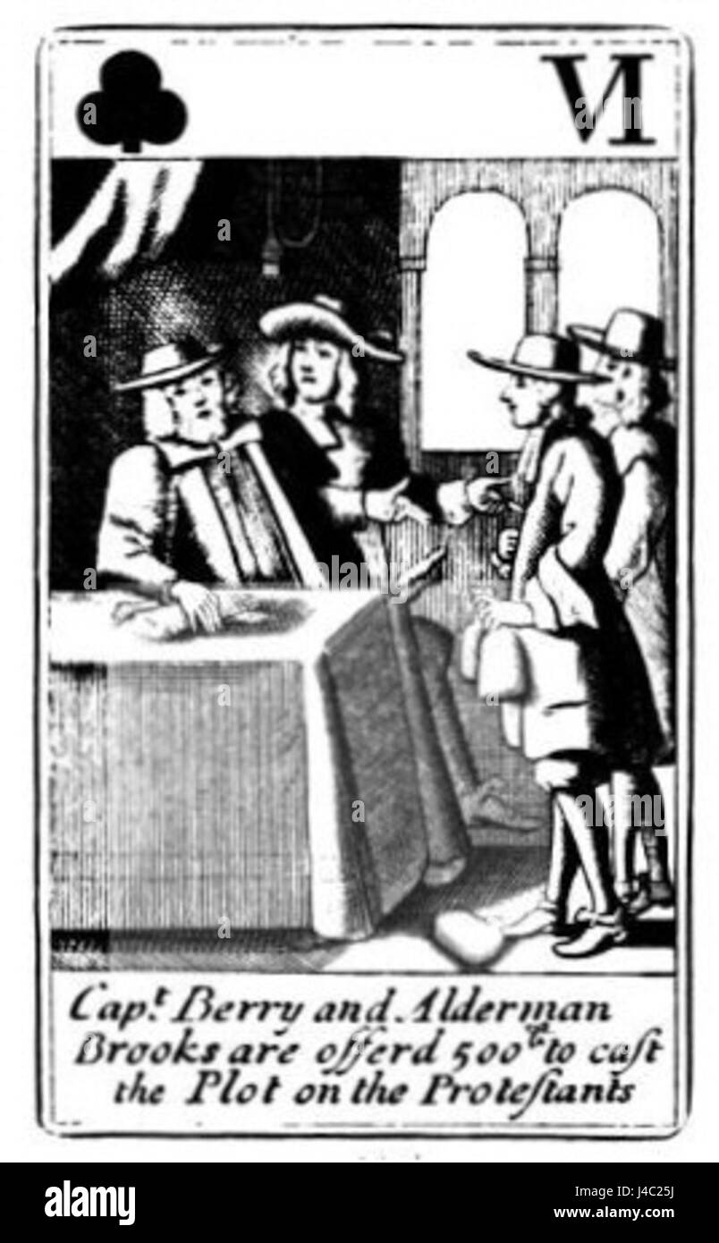 „Popish Plot Playcard“ bezieht sich auf ein historisches Ereignis oder eine Darstellung im Zusammenhang mit dem Popish Plot, einer Verschwörung im England des 17. Jahrhunderts gegen die protestantische Regierung. Die „Playcard“ kann sich auf eine Darstellung oder Werbematerial aus einem Spiel beziehen, das auf diesen Ereignissen basiert. Stockfoto