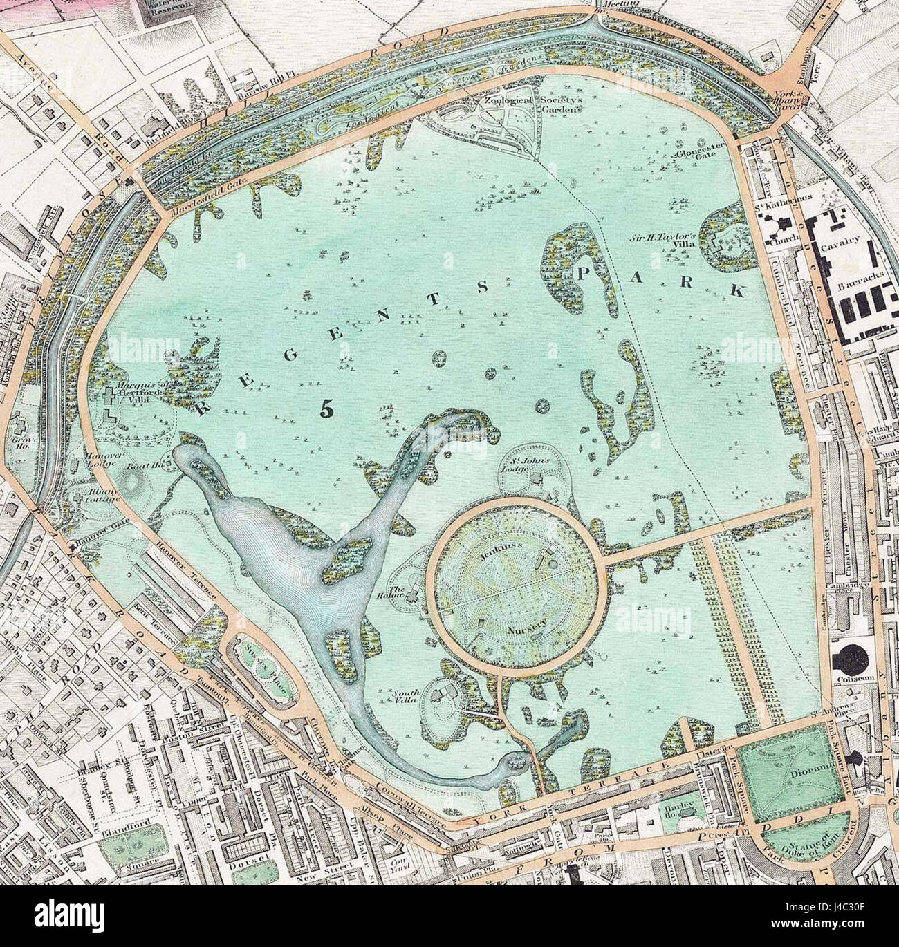 Regent's Park in London, gegründet im frühen 19. Jahrhundert, ist ein großer öffentlicher Park, der für seine malerische Landschaft, seine architektonischen Wahrzeichen und seine Rolle in der Stadtplanung während der viktorianischen Ära bekannt ist. Stockfoto