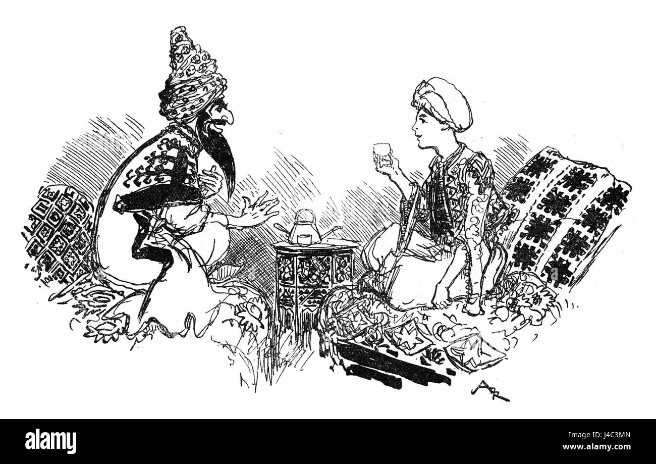 Die Illustration auf Seite 148 des Buches von Albert Robida zeigt eine Szene aus „Ali Baba und die vierzig Diebe“, eine berühmte Geschichte aus „Tausendundeine Nacht“. Robidas detailreiche Kunstwerk erweckt die Geschichte von Ali Babas Begegnung mit den Dieben zum Leben. Stockfoto