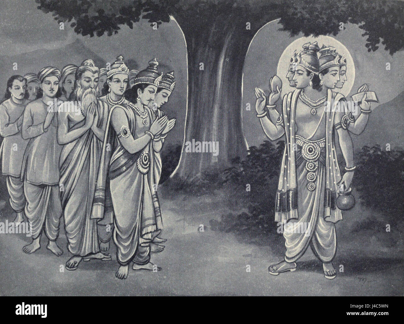 Dieser Titel bezieht sich auf eine kulturelle oder religiöse Praxis, bei der Menschen zu Brahma, dem hinduistischen Gott, für das Wohlergehen ihres Königs beten. Es repräsentiert die spirituellen und kulturellen Praktiken des Hinduismus. Stockfoto