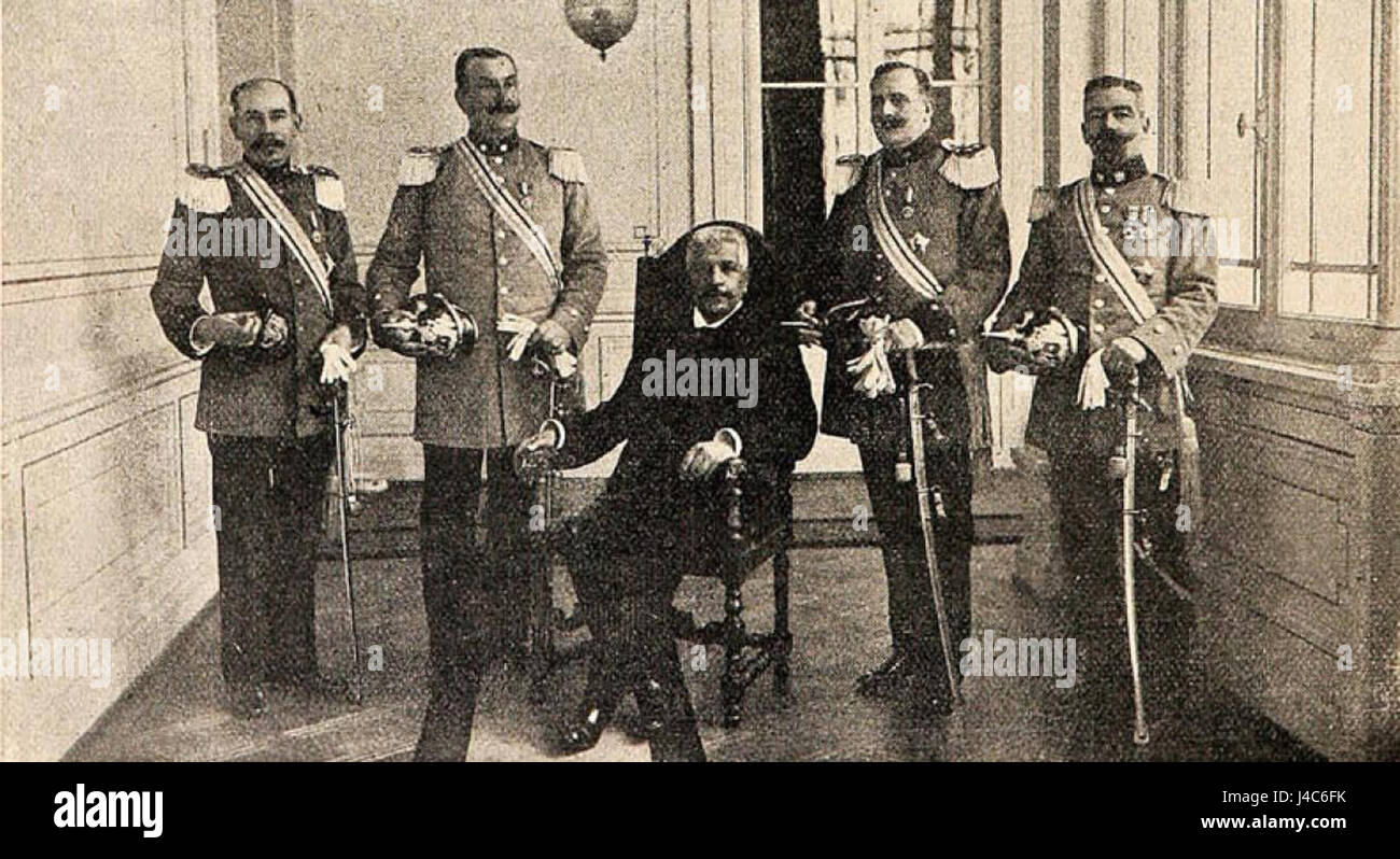 Bild, das den chilenischen Präsidenten Pedro Montt mit seinen Helfern zeigt und die politische Geschichte Chiles während seiner Präsidentschaft im frühen 20. Jahrhundert zeigt. Stockfoto