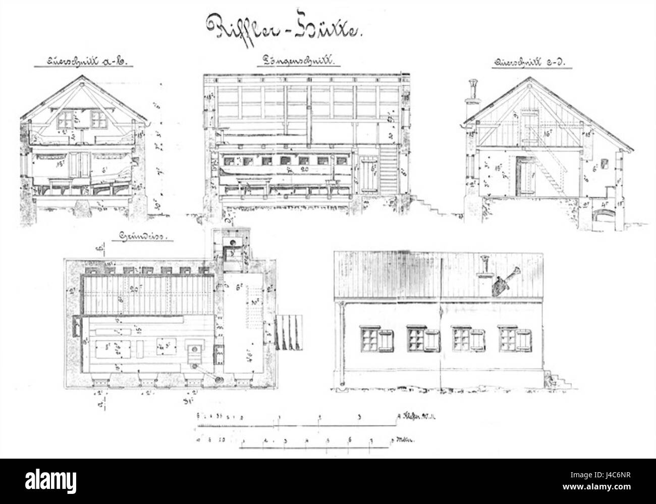 Eine Zeichnung der Rifflerhuette, eine Struktur, die wahrscheinlich mit einem historischen oder funktionalen Ort verwandt ist, mit architektonischen Details, die für ihre Zeit und Region typisch sind. Stockfoto
