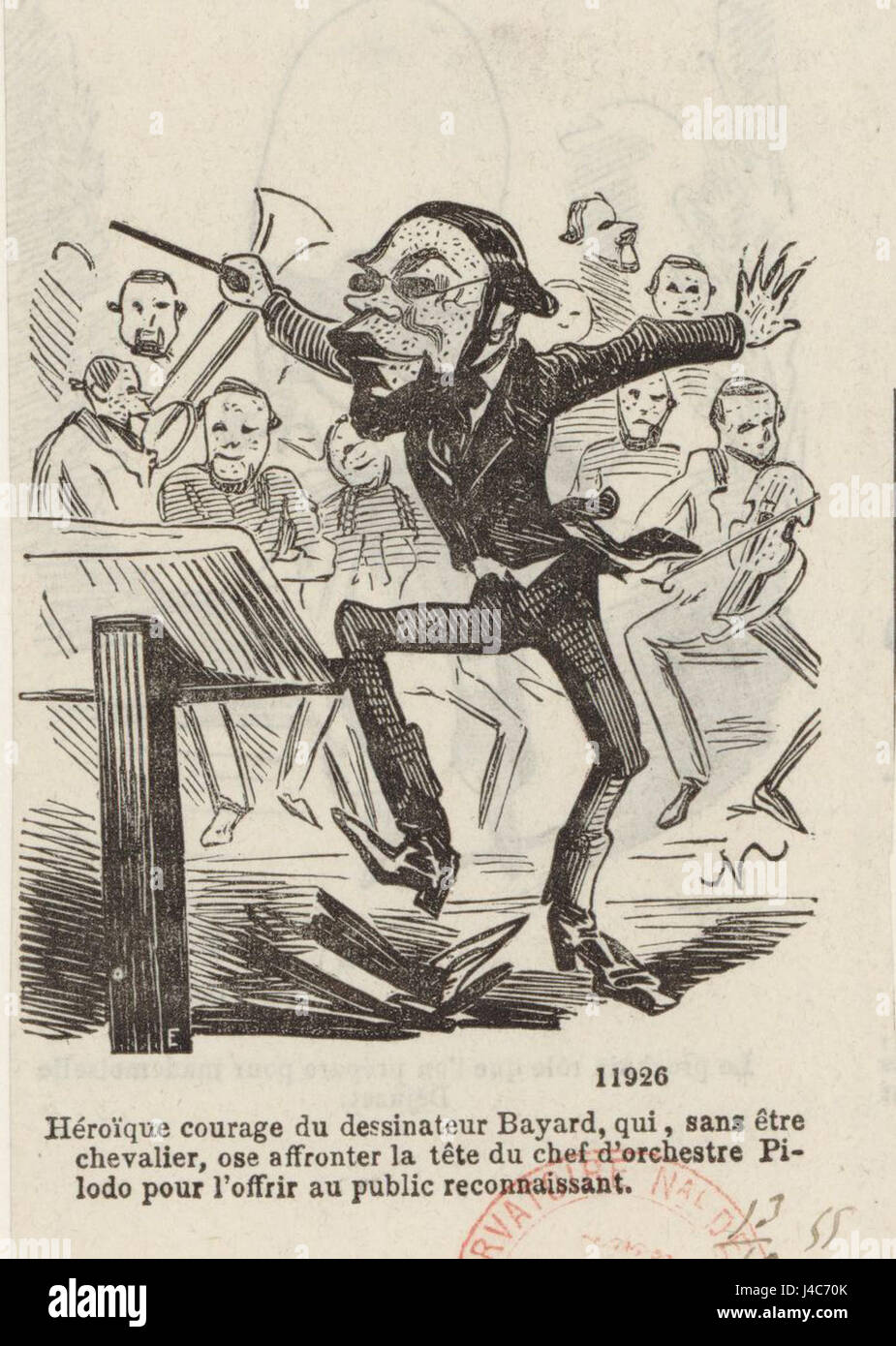 Diese 1855 entstandene Karikatur Bayards fängt humorvoll die Persönlichkeit des französischen Helden ein, der oft als „Ritter ohne Furcht und ohne Vorwurf“ bekannt ist. Die Illustration spiegelt den satirischen Stil der Epoche wider. Stockfoto