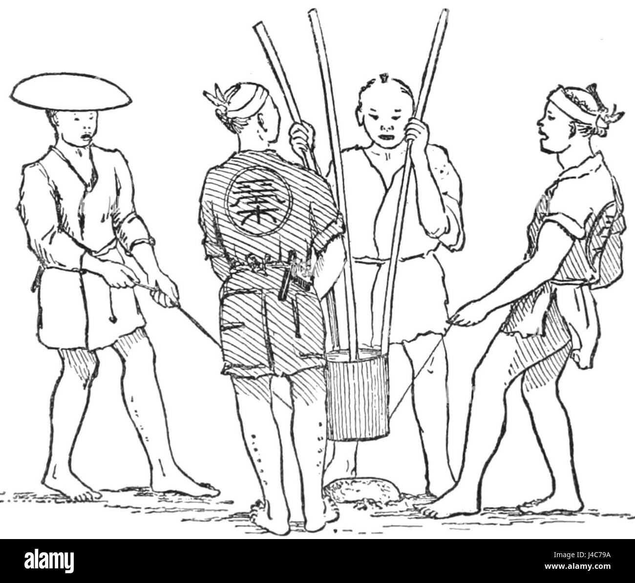 Dieses Bild von PSM V28 D664 veranschaulicht den historischen Prozess, bei dem Grundsteine während der Bauarbeiten niedergeschlagen wurden. Es handelt sich um eine Methode, die früher zur Verfestigung und Sicherung von Fundamenten für Gebäude oder Strukturen verwendet wurde. Stockfoto