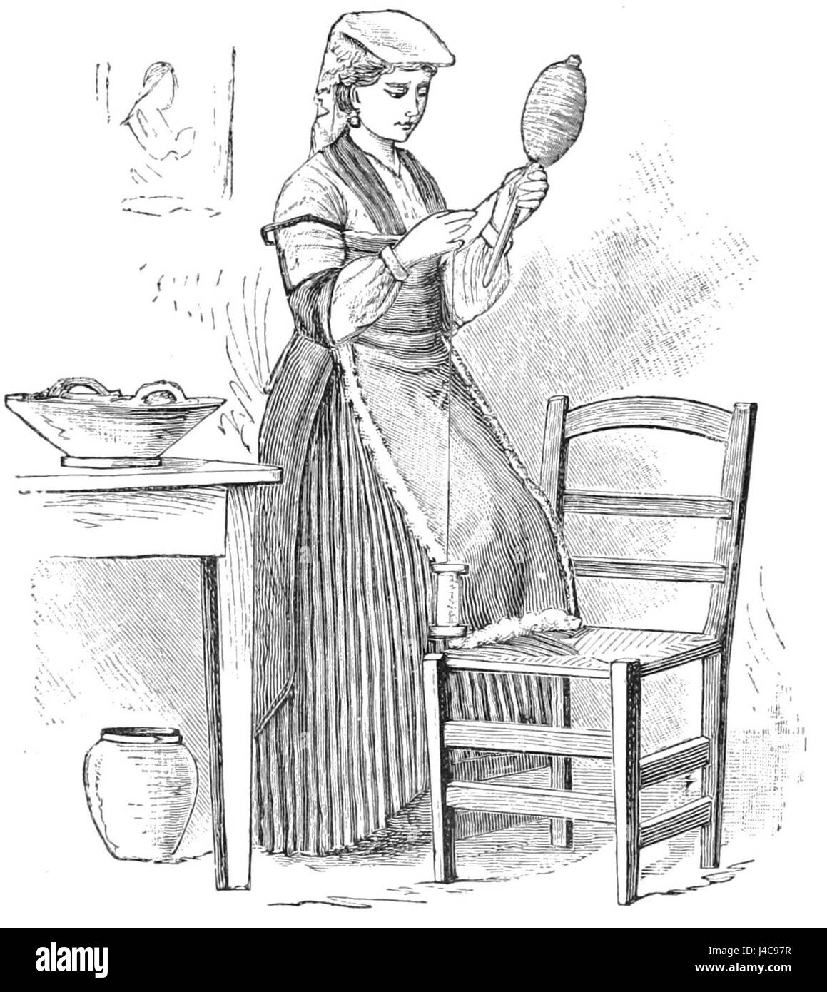 Dieses Bild zeigt einen griechischen Spinner aus dem späten 19. Jahrhundert und zeigt die traditionelle Handwerkskunst und Spinntechniken, die in Griechenland während dieser Zeit verwendet wurden. Stockfoto