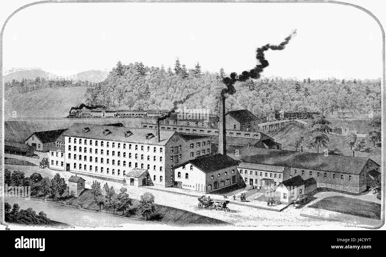 Das Bild zeigt eine moderne Gerberei in Ballston Spa, New York, ab PSM V41 D374, die Fortschritte bei der Lederherstellung hervorhebt. Die Gerberei ist ein wichtiger Bestandteil der lokalen Wirtschaft und spezialisiert sich auf die Herstellung hochwertiger Lederwaren. Stockfoto