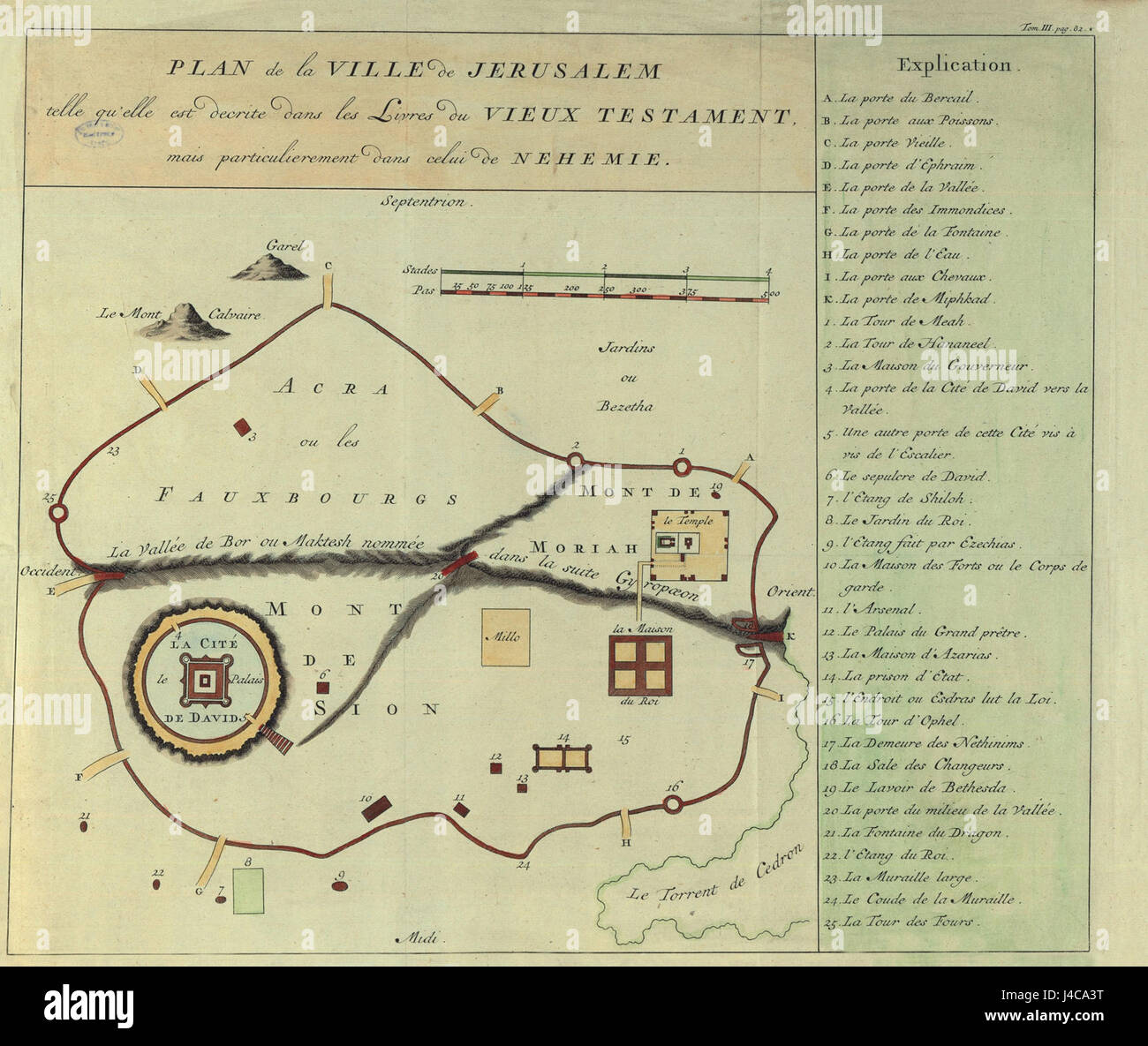 Dieser Plan zeigt die Stadt Jerusalem, wie sie im Alten Testament beschrieben wird, insbesondere im Buch Nehemia. Es bietet eine visuelle Darstellung des antiken Grundrisses der cityÂ und gibt Einblicke in den biblischen Kontext und die historische Bedeutung. Stockfoto