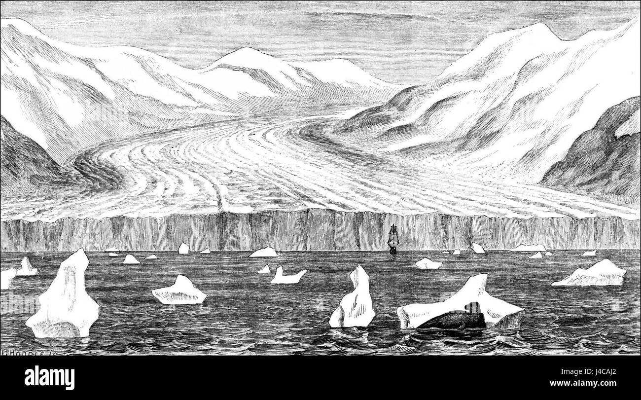 Dieses Bild zeigt die Gletscher Grönlands und zeigt die Eislandschaft und die Auswirkungen des Klimawandels auf die Eismassen der Region. Grönlands Gletscher sind ein entscheidender Teil globaler Klimastudien. Stockfoto