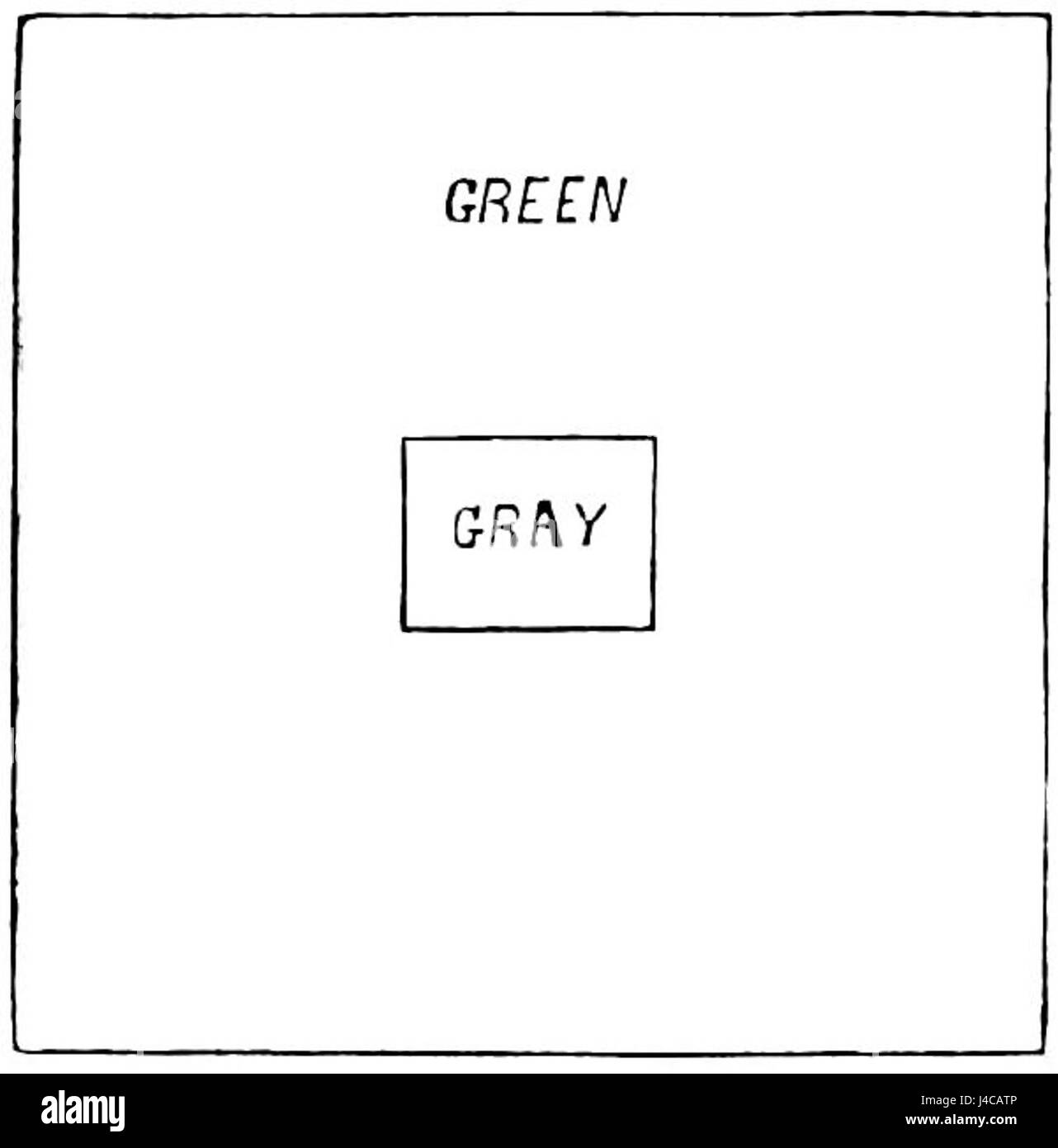 Das Bild stellt ein Experiment dar, das sich auf den Kontrast zwischen grünem und grauem Papier konzentriert und in wissenschaftlichen Studien häufig zur Analyse der visuellen Wahrnehmung und Kontrastempfindlichkeit verwendet wird. Stockfoto