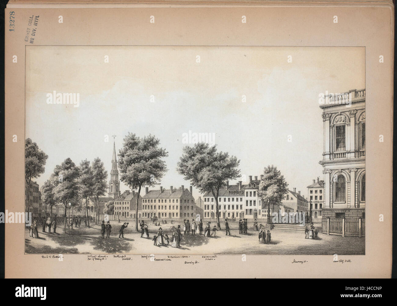 Straße nach Boston, St. Paul Church (Kor Vesey St.), Rutherford Axtill, des Königs Haus, R. Hanison Roosevelts Haus, Barclay St., Hardmon Hotel, Murray St., (...) Rathaus (NYPL Hades 254269 EM13278) Stockfoto