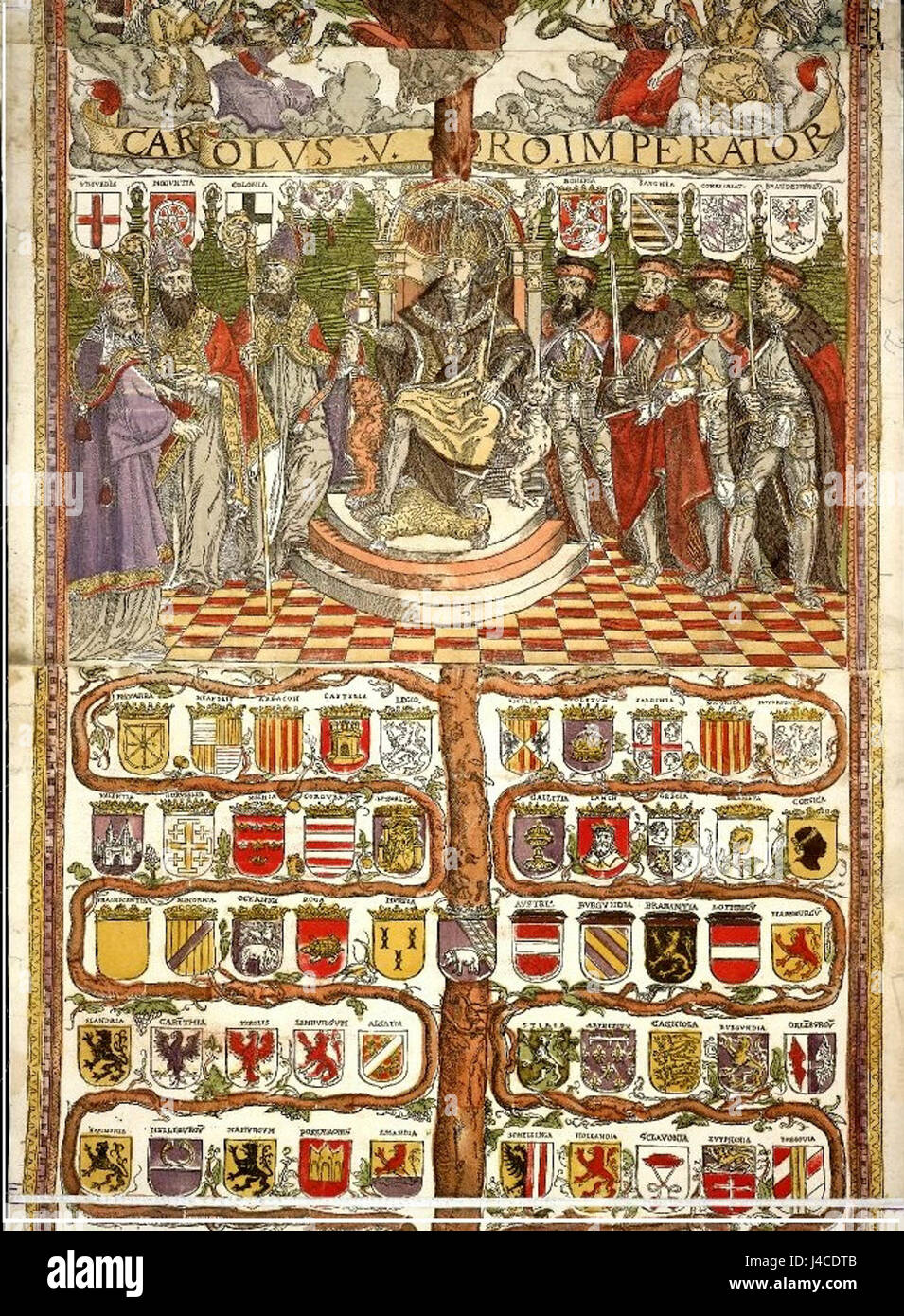 „Der Genealogische Baum des Hauses Habsburg, 1540“ ist ein wichtiges historisches Dokument, das die königliche Abstammung und die familiären Verbindungen der Habsburger Dynastie veranschaulicht, einer der einflussreichsten Königsfamilien Europeâ. Stockfoto