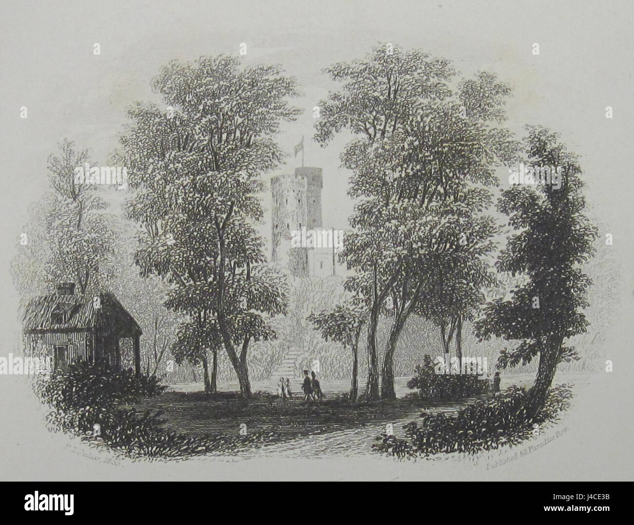 Philip John Ouless' Darstellung des Prince's Tower auf Jersey im Jahr 1855 hebt die architektonischen Merkmale und die historische Bedeutung des Turms als Teil des Erbes der Insel hervor. Stockfoto