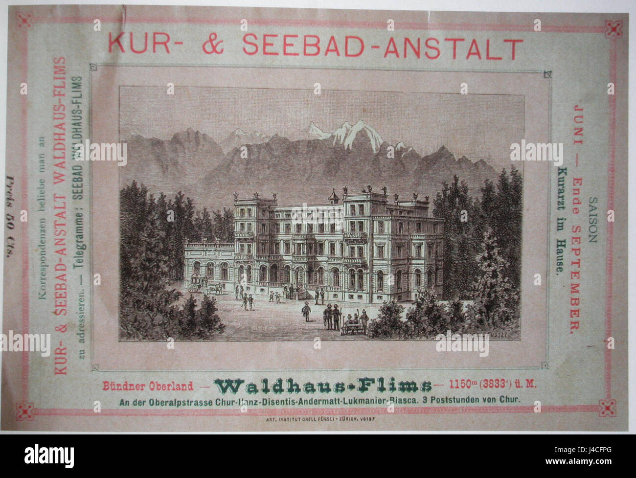 Prospekt Waldhaus Flims 1877 Stockfoto