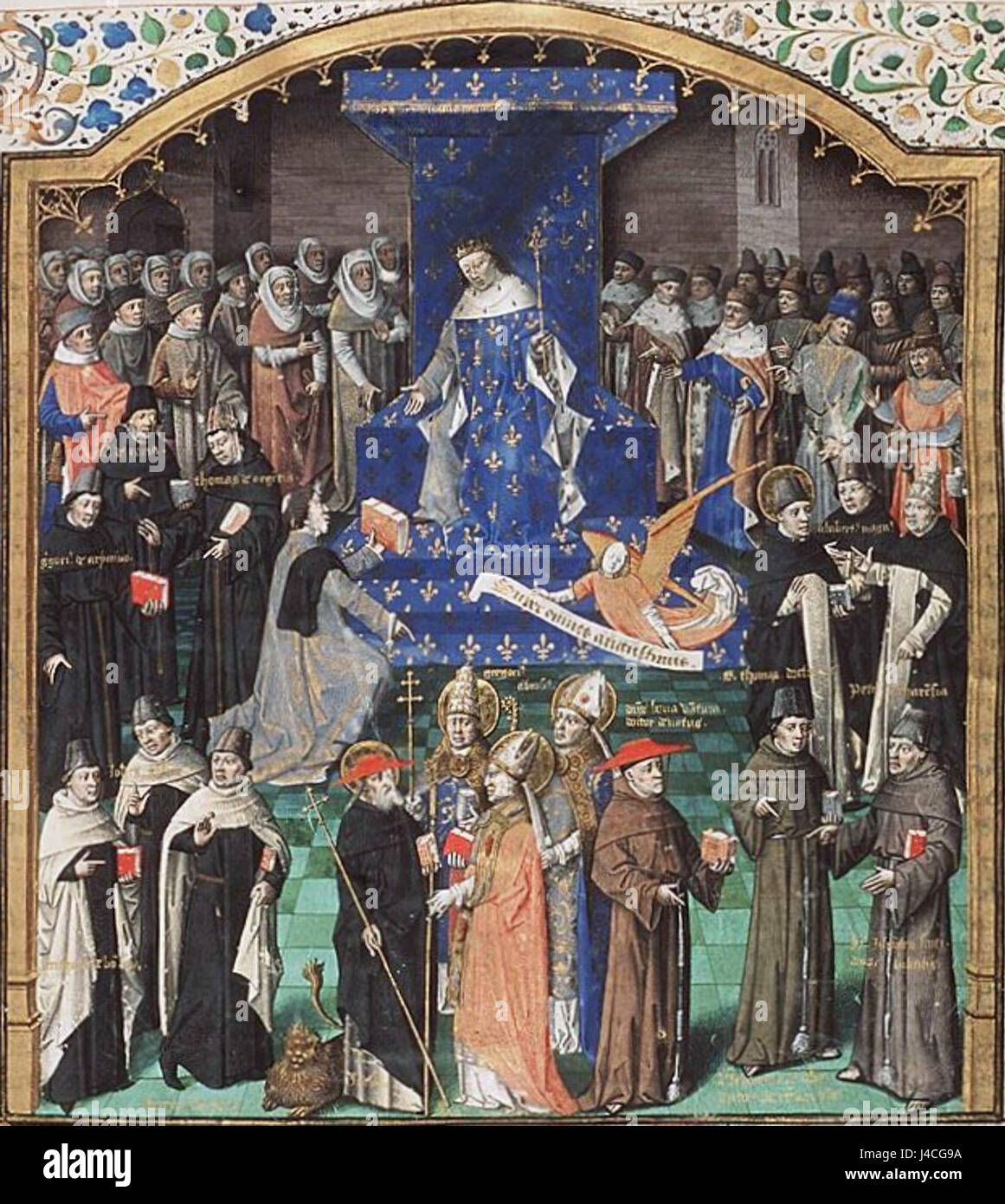 Raoul de Presles präsentiert seine Übersetzung zu König Charles V, umgeben von Väter der Kirche, Gelehrte und andere Stockfoto