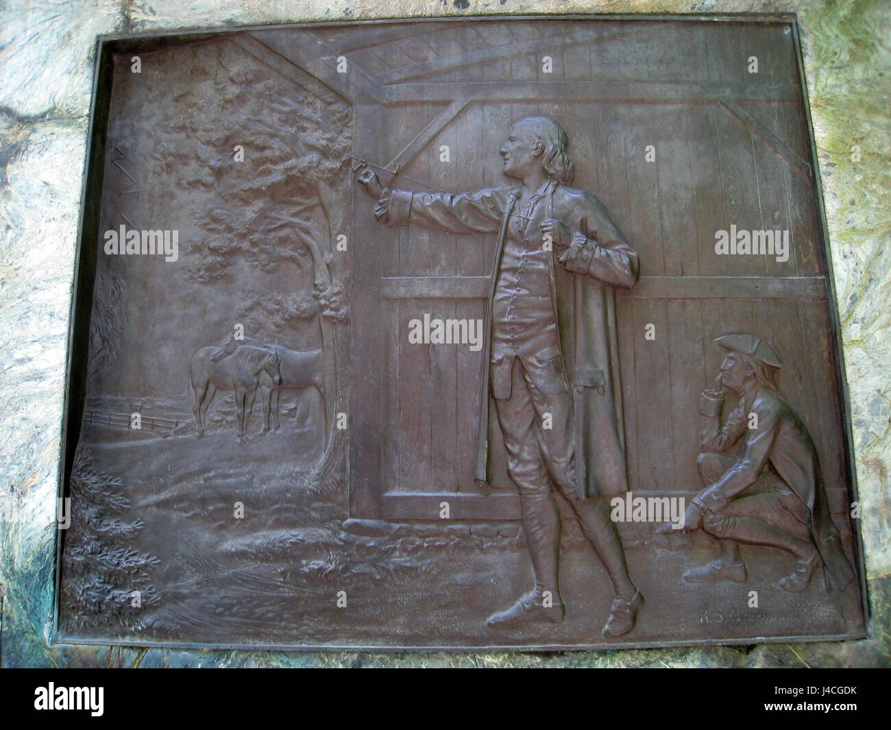 Relief, Benjamin Franklin Statue, altes Rathaus, Boston IMG 6658 Stockfoto