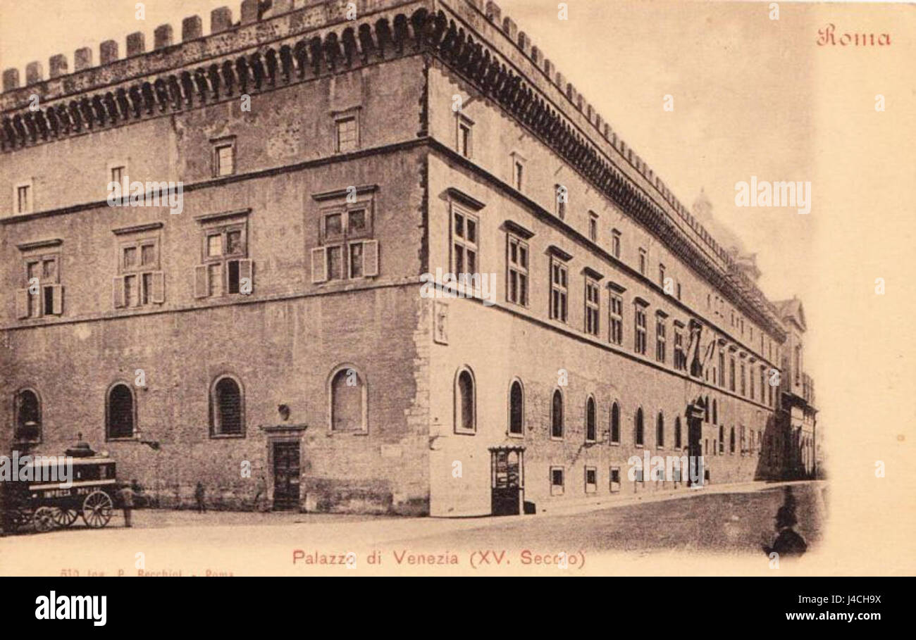 Dieser Titel bezieht sich wahrscheinlich auf ein Postkartenbild der Piazza Venezia in Rom, Italien. Die Piazza Venezia ist ein prominenter Platz, der für seine historische Bedeutung und das Denkmal, das Victor Emmanuel II. Gewidmet ist, bekannt ist Stockfoto