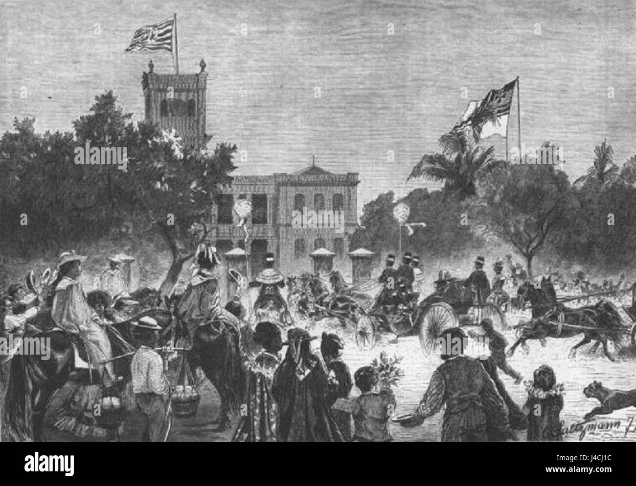 1879 besuchte Prinz Heinrich von Preußen Hawaii, was ein bedeutendes historisches Ereignis in der Beziehung zwischen Deutschland und Hawaii war. Sein Besuch symbolisierte die internationale Diplomatie und den kulturellen Austausch im 19. Jahrhundert. Stockfoto