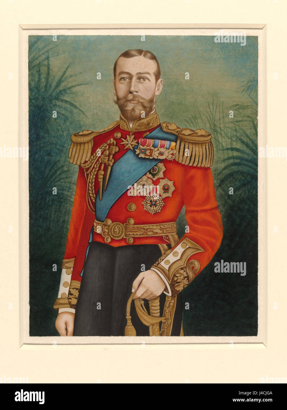 Dieses Porträt von König Georg V. spiegelt das Bild des britischen Monarchen wider, der von 1910 bis 1936 regierte. Es spiegelt den formalen und würdevollen Stil der königlichen Porträtkunst aus dem frühen 20. Jahrhundert wider. Stockfoto