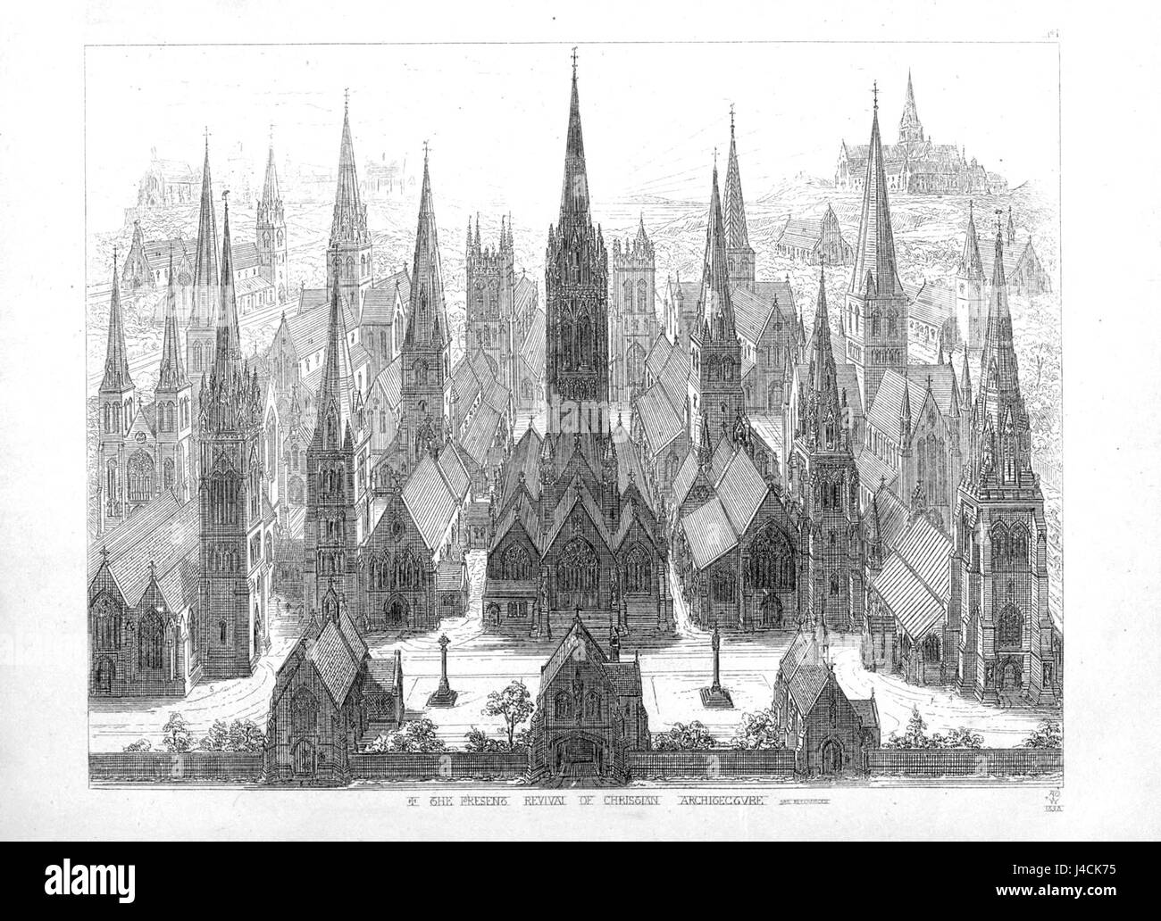 Pugins Werk „The Present Revival of Christian Architecture“ untersucht den architektonischen Stil, der mit dem christlichen Glauben verbunden ist, und betont die Notwendigkeit einer Rückkehr zu traditionellen christlichen Gestaltungsprinzipien. Dieser Text befasst sich sowohl mit der kulturellen als auch mit der spirituellen Bedeutung der Kirchenarchitektur im 19. Jahrhundert. Stockfoto