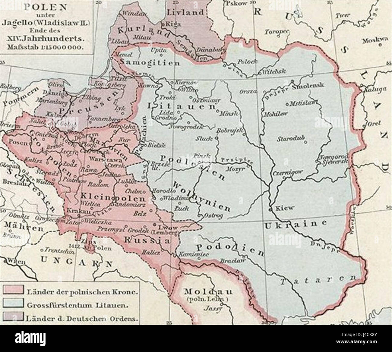 Dieser historische Überblick konzentriert sich auf die Herrschaft der jagiellonischen Dynastie in Polen, eine bedeutende Periode, die durch territoriale Expansion, politische Konsolidierung und kulturelles Wachstum im späten Mittelalter gekennzeichnet war. Stockfoto