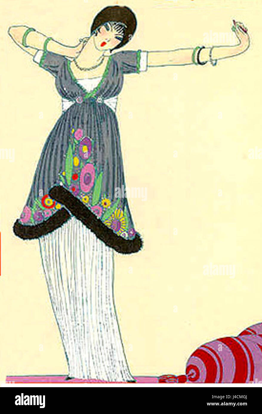 Poiret 1912 bezieht sich auf die revolutionären Modedesigns des französischen Couturiers Paul Poiret zu Beginn des 20. Jahrhunderts. Seine Kreationen stellten herkömmliche Mode in Frage, führten innovative Silhouetten ein und lösten sich von traditionellen Stilen ab. Stockfoto