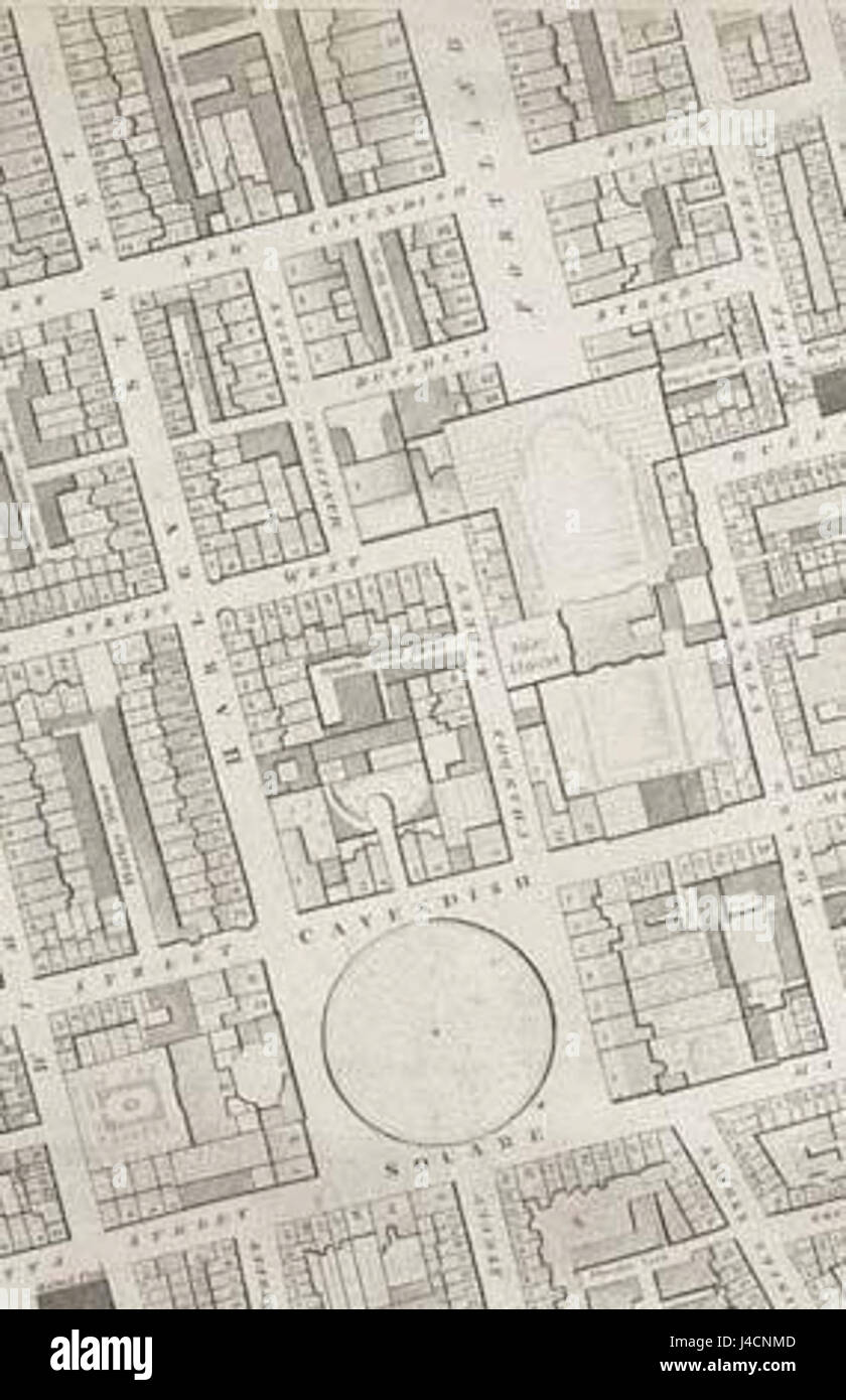 Das Bild „Portland Place 1799“ bietet eine historische Perspektive auf den Portland Place in London und zeigt sein architektonisches Design und die urbanen Merkmale des späten 18. Jahrhunderts. Stockfoto