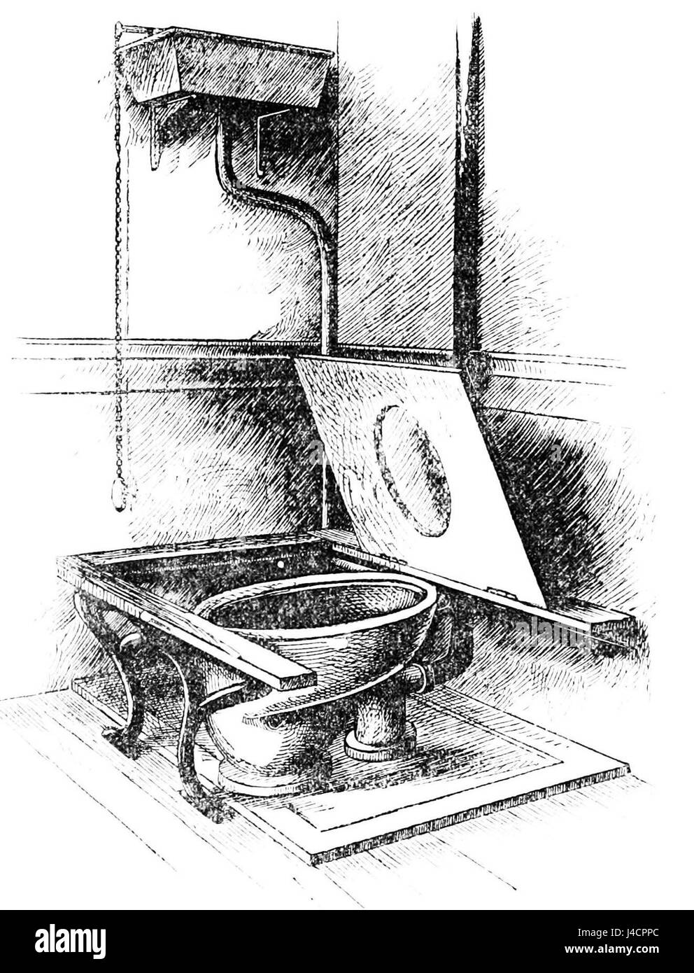 Dieses Bild zeigt einen Sanitär-Wasserschrank aus dem späten 19. Jahrhundert und das dazugehörige Entwässerungssystem. Die Entwicklung solcher Systeme war für die Verbesserung der öffentlichen Gesundheit und Hygiene in dieser Zeit von entscheidender Bedeutung. Stockfoto