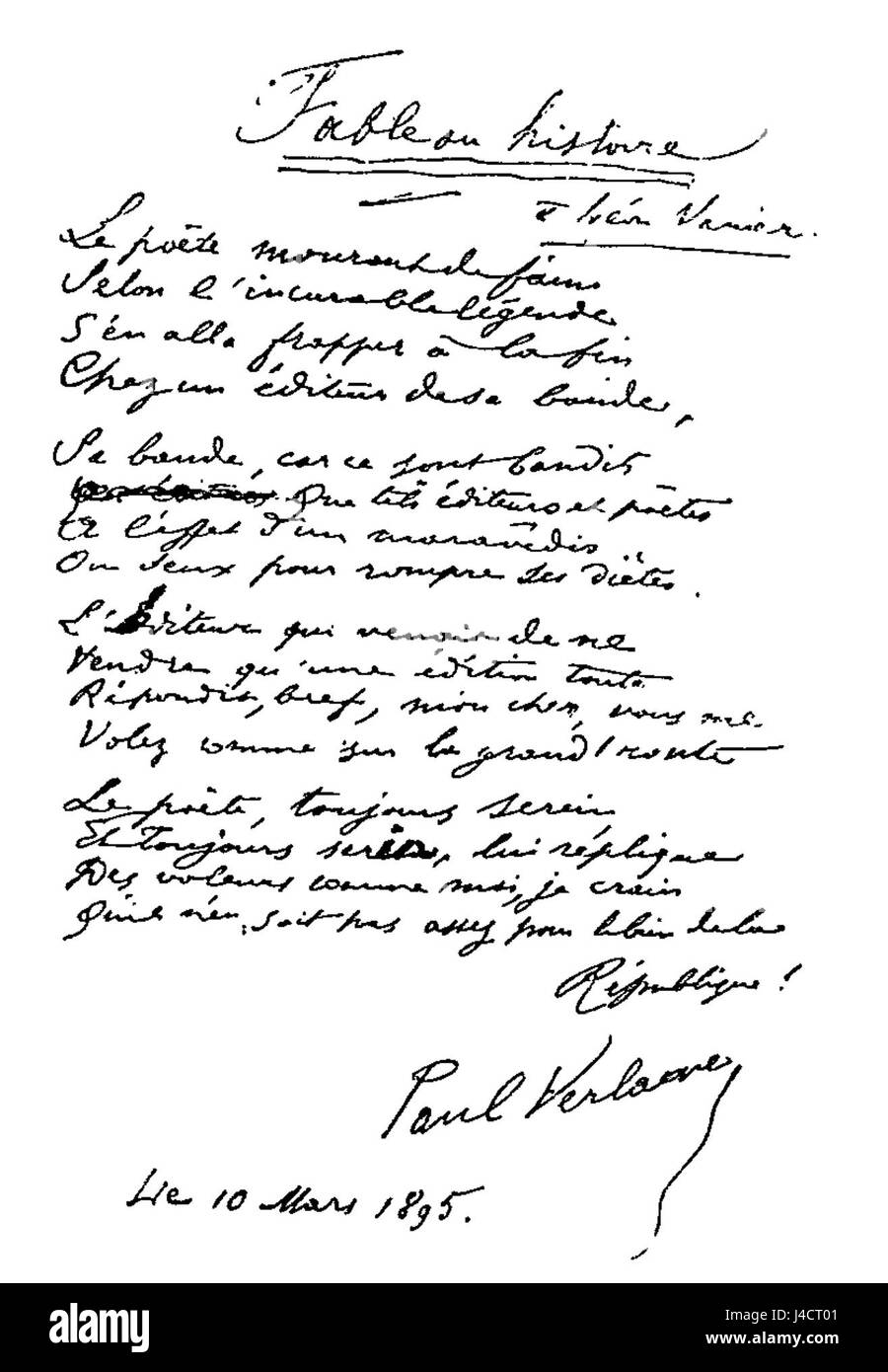 Paul Verlaines „Fable ou histoire“ ist ein Werk, das die Grenzen zwischen Erzählkunst und Fabel erforscht und seinen poetischen Ansatz und thematischen Fokus auf literarischen Ausdruck widerspiegelt. Stockfoto