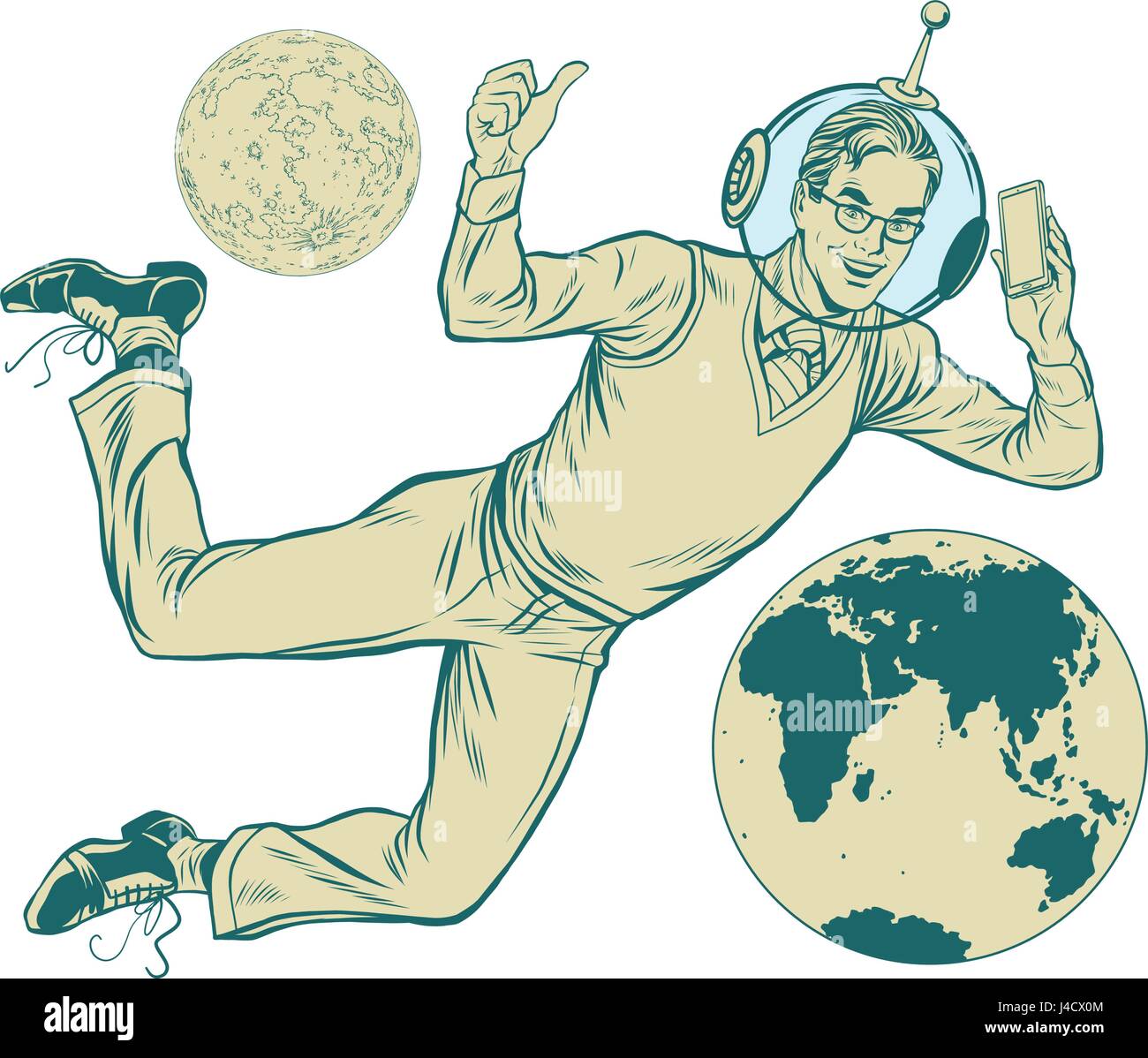 Stellar Geschäftsmann Astronaut mit Telefon, isolierte Hintergrund Stock Vektor