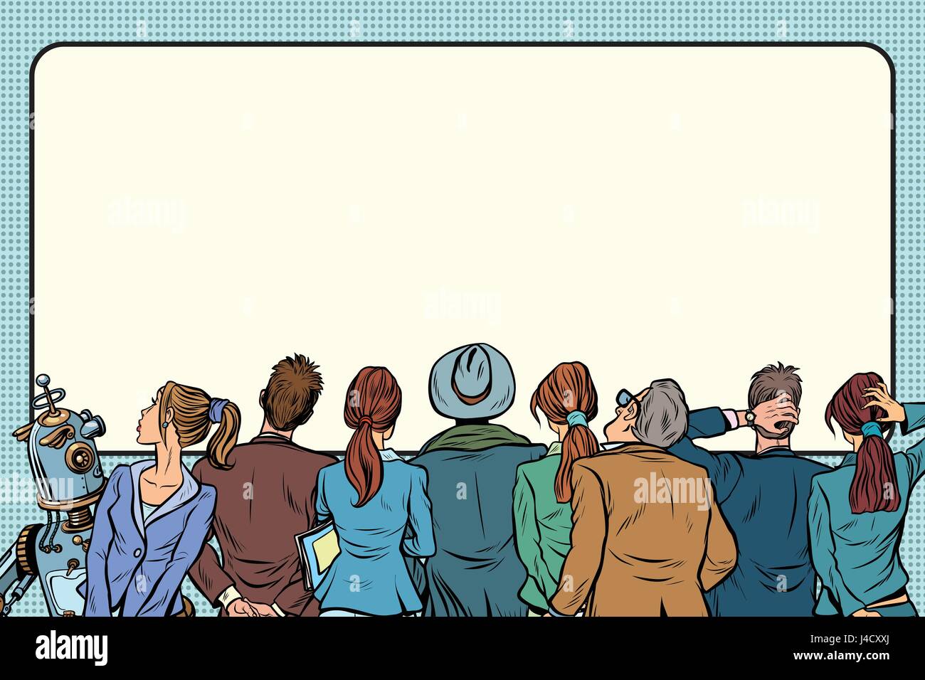 Retro-Gruppe von Menschen befinden sich gerade auf der Leinwand. Pop-Art-Retro-Vektor-illustration Stock Vektor