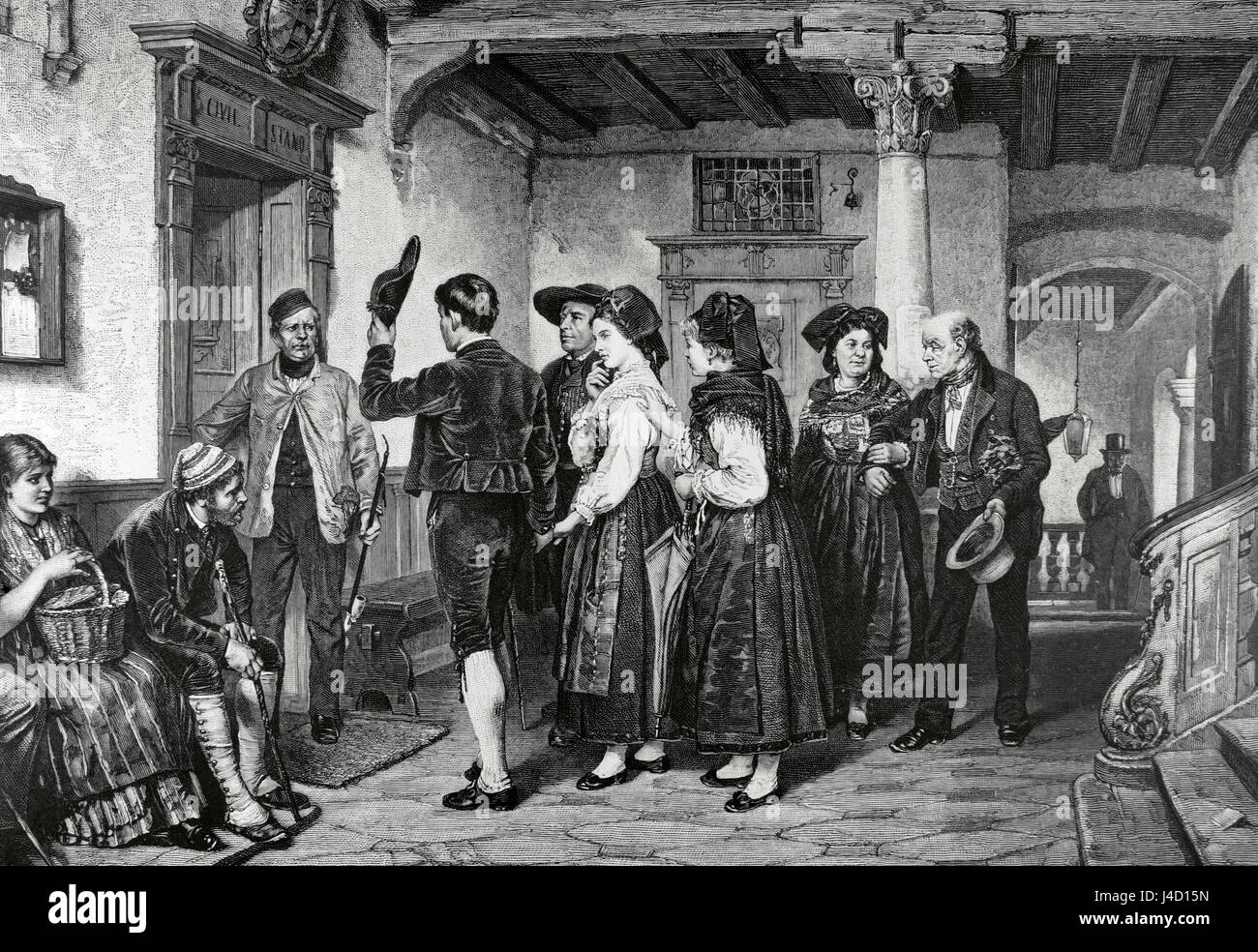 Standesamtliche Trauung. Kupferstich von Richard Brend'amour (1831-1915) nach einem Gemälde des Schweizer Künstlers Benjamin Vautier (1829-1898). "La Ilustracion Artistica", 1884. Stockfoto