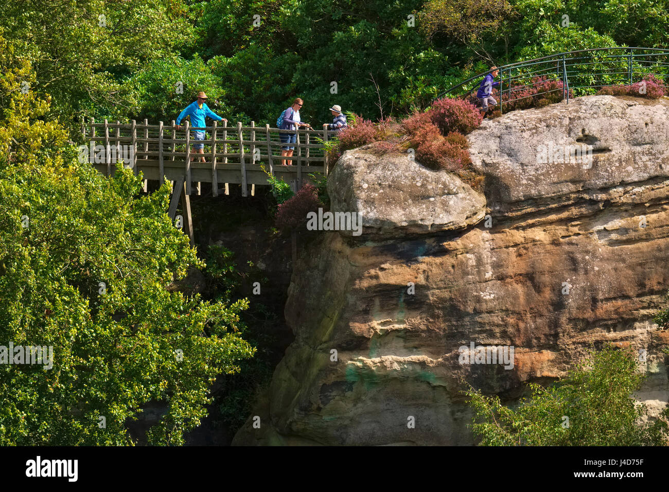 Menschen, die zu Fuß über die Swiss Bridge bei Hawkstone Park Follies, Shropshire, England, UK Stockfoto