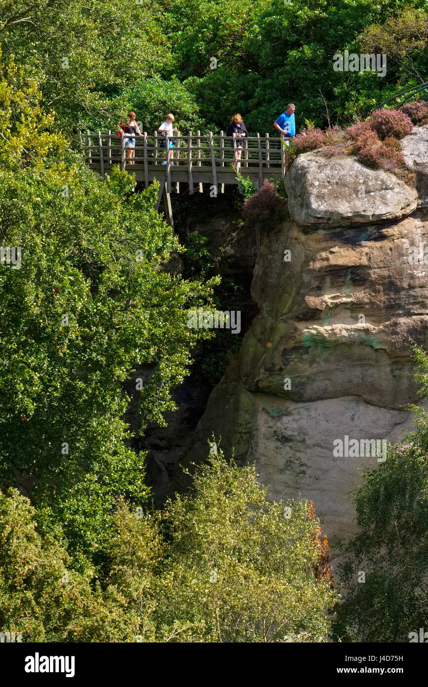 Menschen, die zu Fuß über die Swiss Bridge bei Hawkstone Park Follies, Shropshire, England, UK Stockfoto