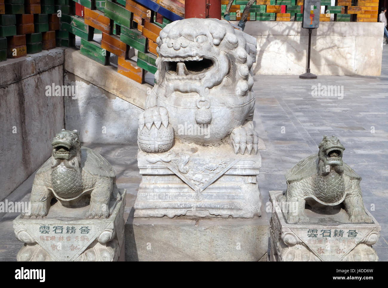 Löwe und Schildkröte Statuen in Yonghe-Tempel Alias Yonghe Lamasery oder einfach Lama-Tempel in Peking, China, Februar 25, 20 Stockfoto