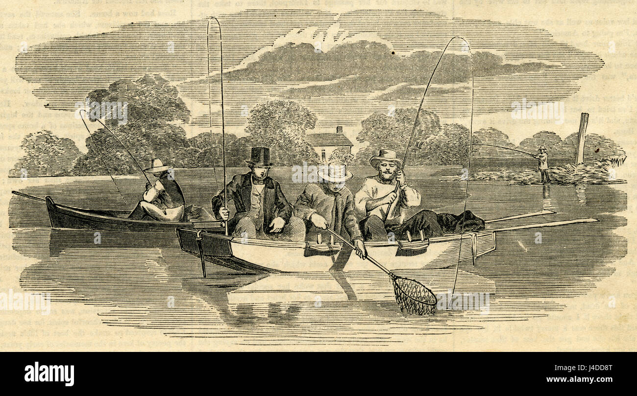 Antike 1854 Gravur, Darstellung einer Amateur-Angeln-Szene. QUELLE: ORIGINAL GRAVUR. Stockfoto