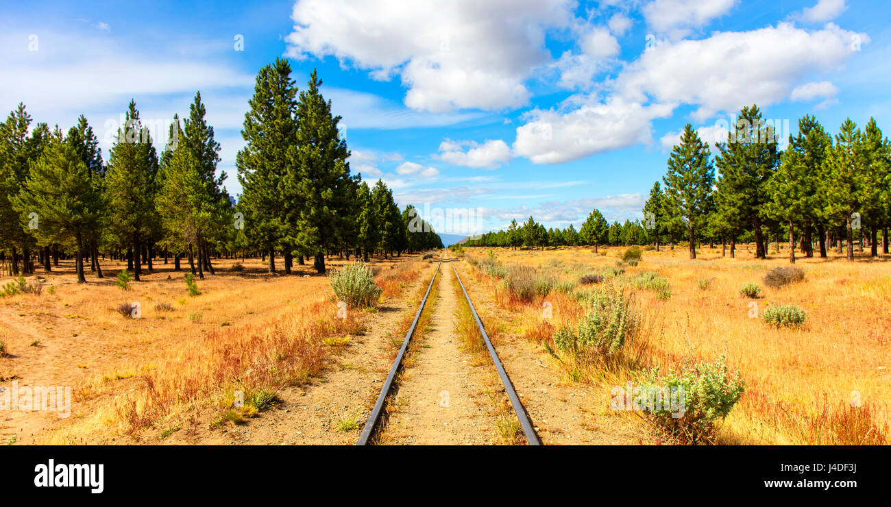 Bahnstrecke in El Maitén. Chubut, Patagonien, Argentinien. Stockfoto