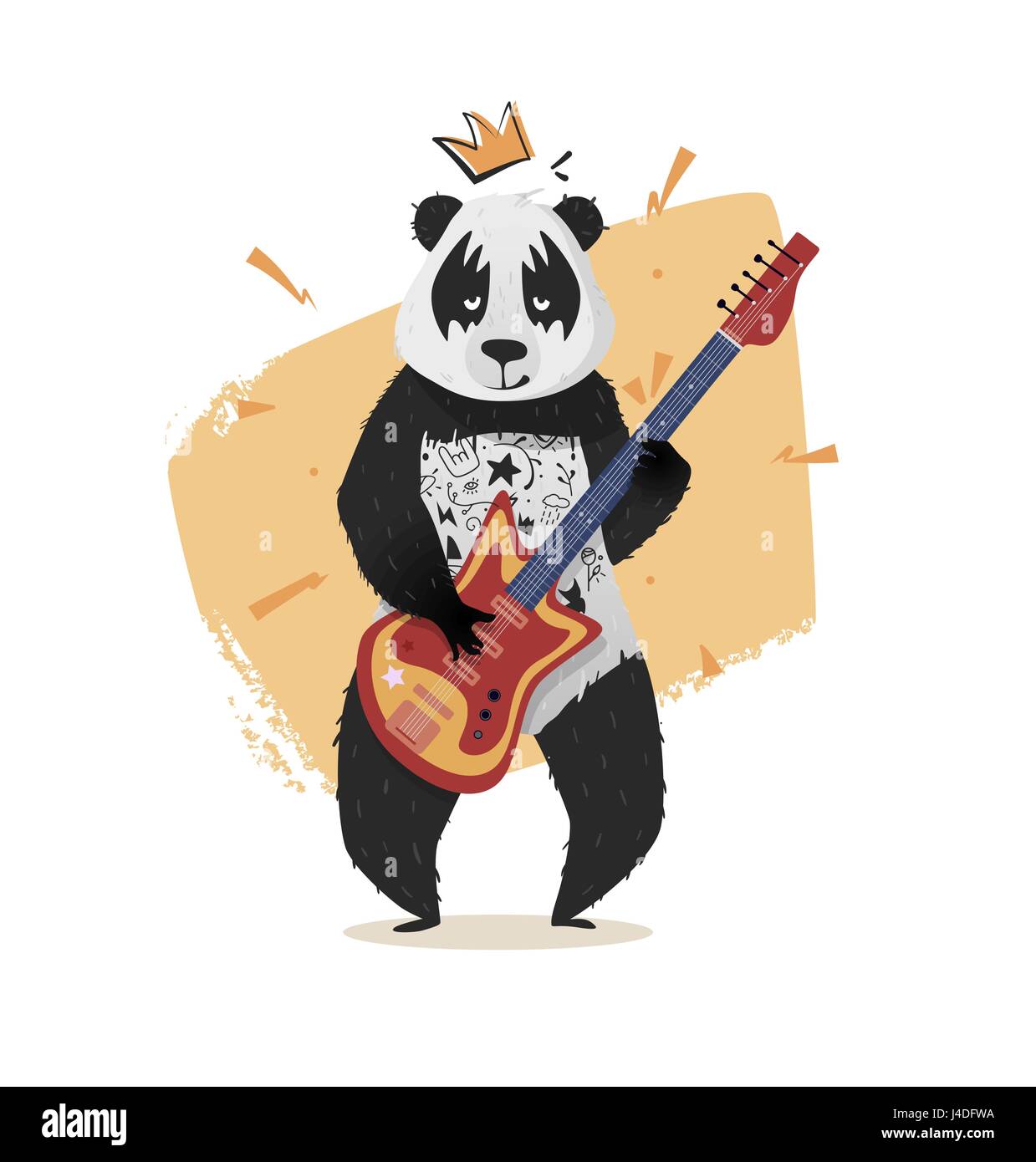 Panda mit einer Krone spielt Gitarre. Eine helle Illustration für Print-on-a-t-Shirt, Abdeckung, Plakat. Vektor-Grafiken. Stock Vektor