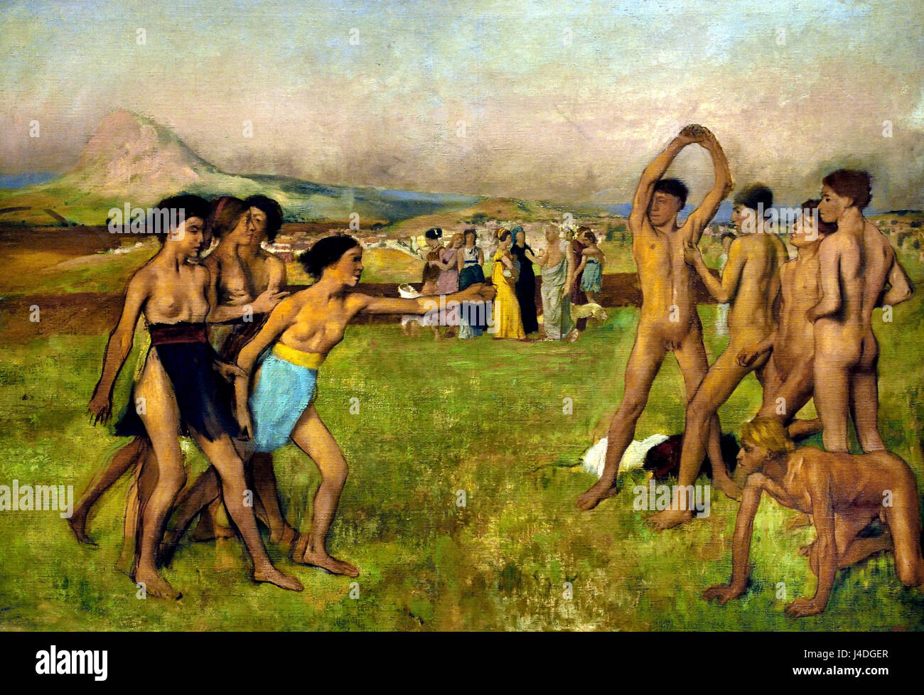Junge Spartaner Ausübung 1860 von Hilaire Germain Edgar Degas 1834-1917 Frankreich Französisch (Plutarch schreibt von Lycurgus, der Gesetzgeber des alten Sparta bestellen spartanische Mädchen in wrestling Wettbewerbe engagieren, hier fordern sie die jungen zu kämpfen.) Stockfoto