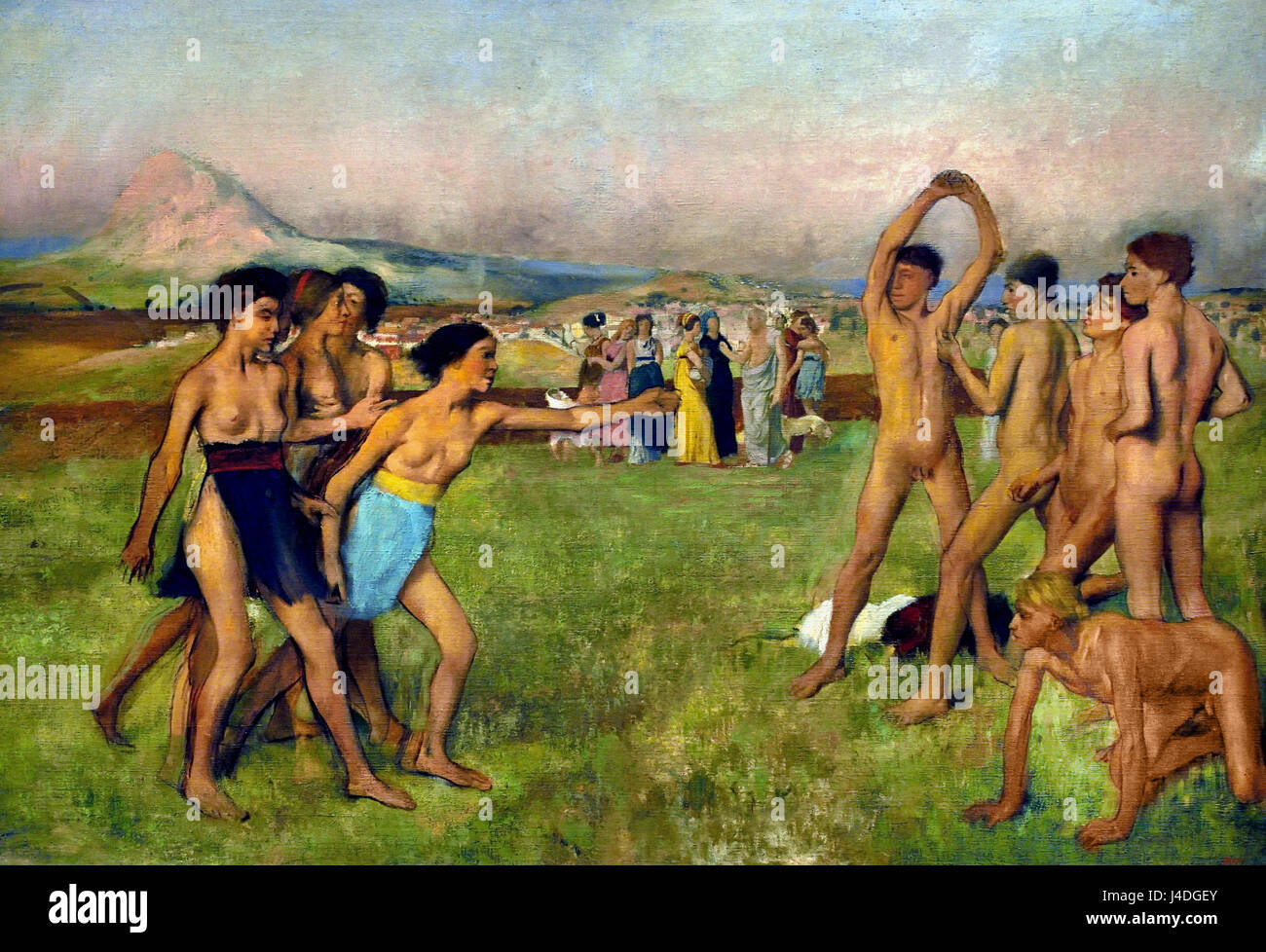 Junge Spartaner Ausübung 1860 von Hilaire Germain Edgar Degas 1834-1917 Frankreich Französisch (Plutarch schreibt von Lycurgus, der Gesetzgeber des alten Sparta bestellen spartanische Mädchen in wrestling Wettbewerbe engagieren, hier fordern sie die jungen zu kämpfen.) Stockfoto