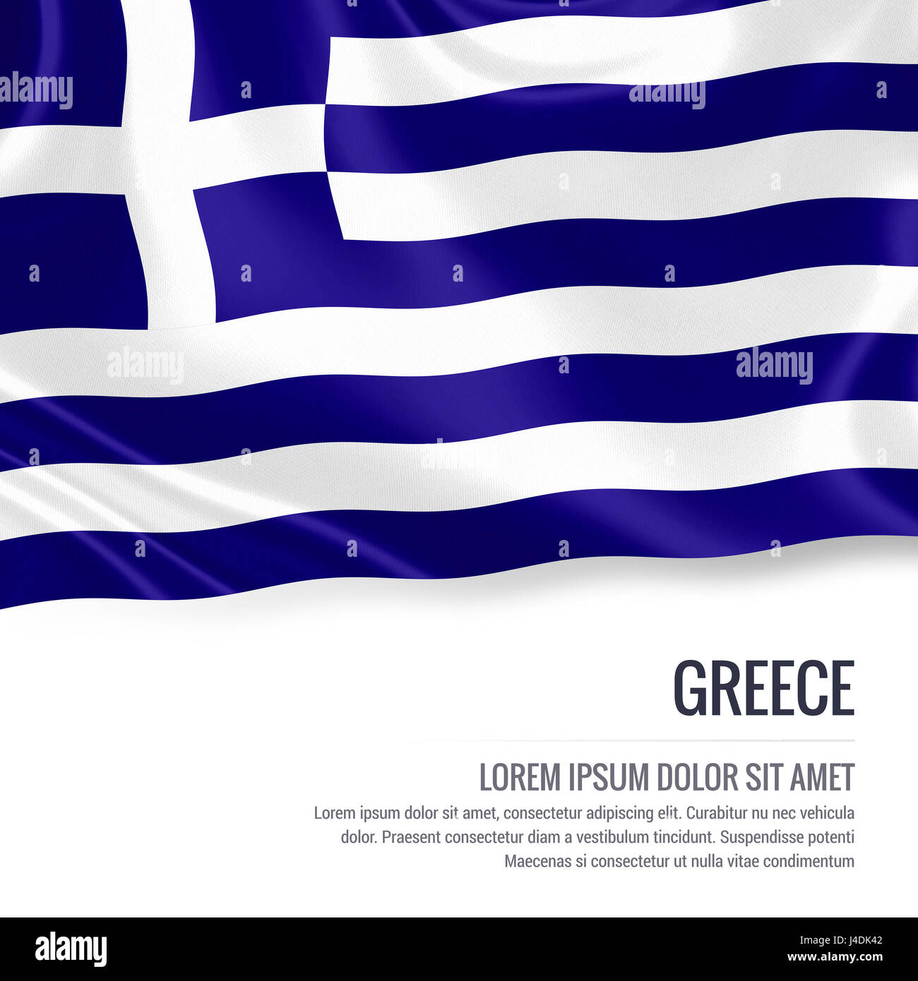 Seidige Flagge von Griechenland auf einem isolierten weißen Hintergrund mit dem weißen Textbereich für Ihre Anzeige Nachricht winken. 3D-Rendering. Stockfoto